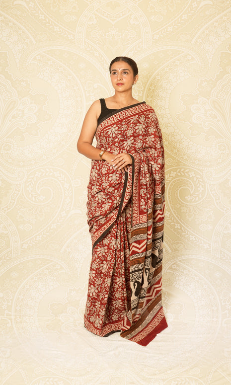 Black Hand Block Print Mulmul Cotton Saree With Blouse Piece