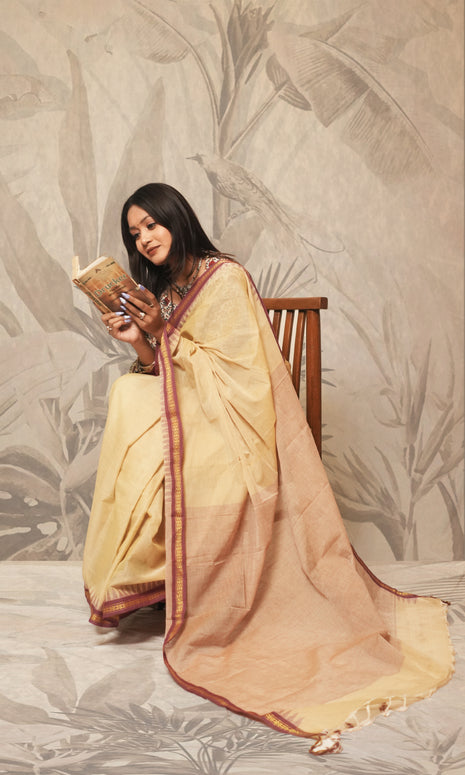Dull Yellow And Maroon Border Ponduru Khadi Saree