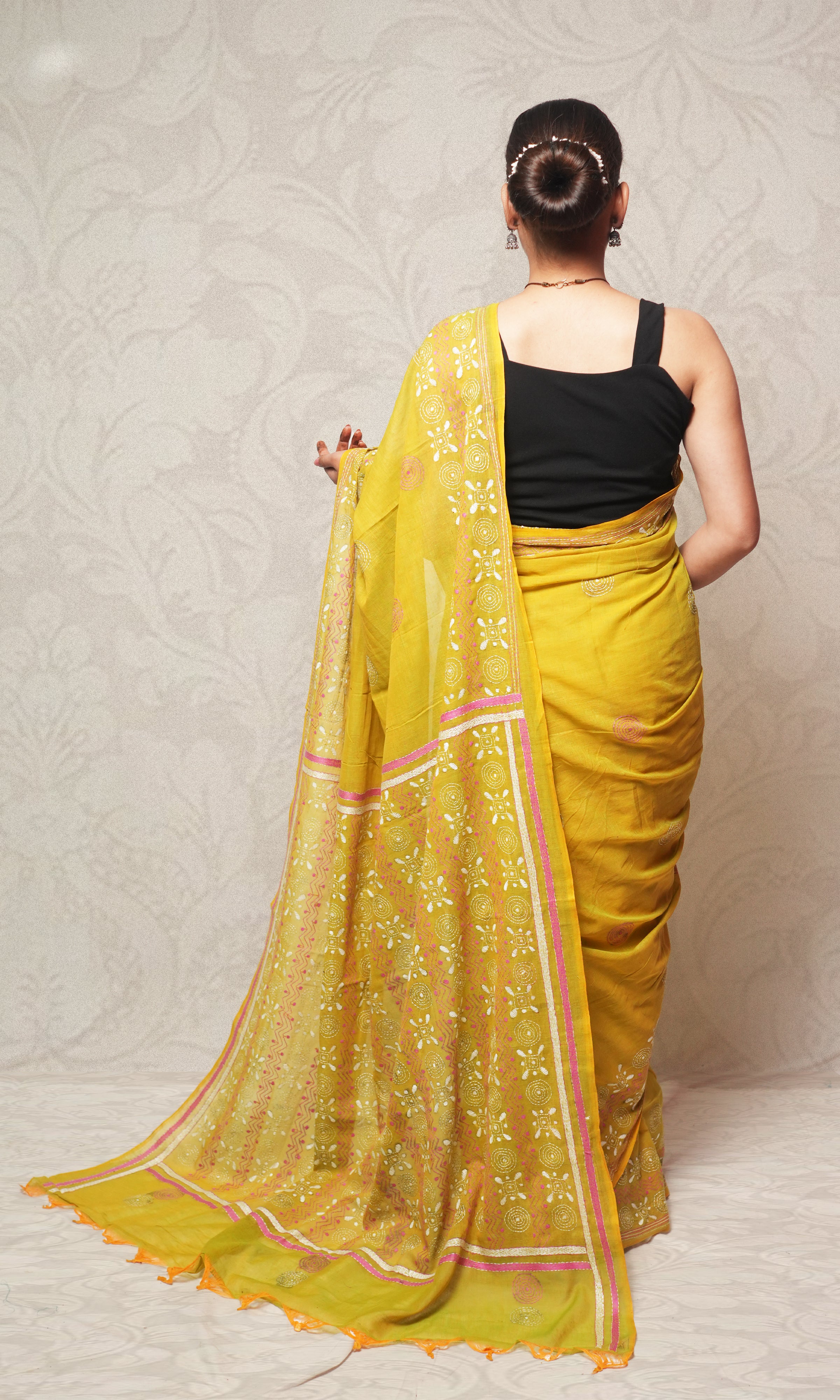 Pink And White Katha Work On Sap Green Cotton Saree