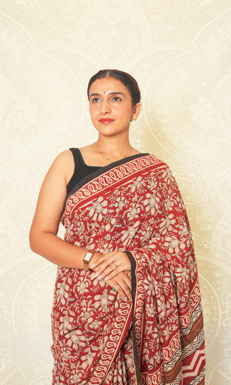 Black Hand Block Print Mulmul Cotton Saree With Blouse Piece