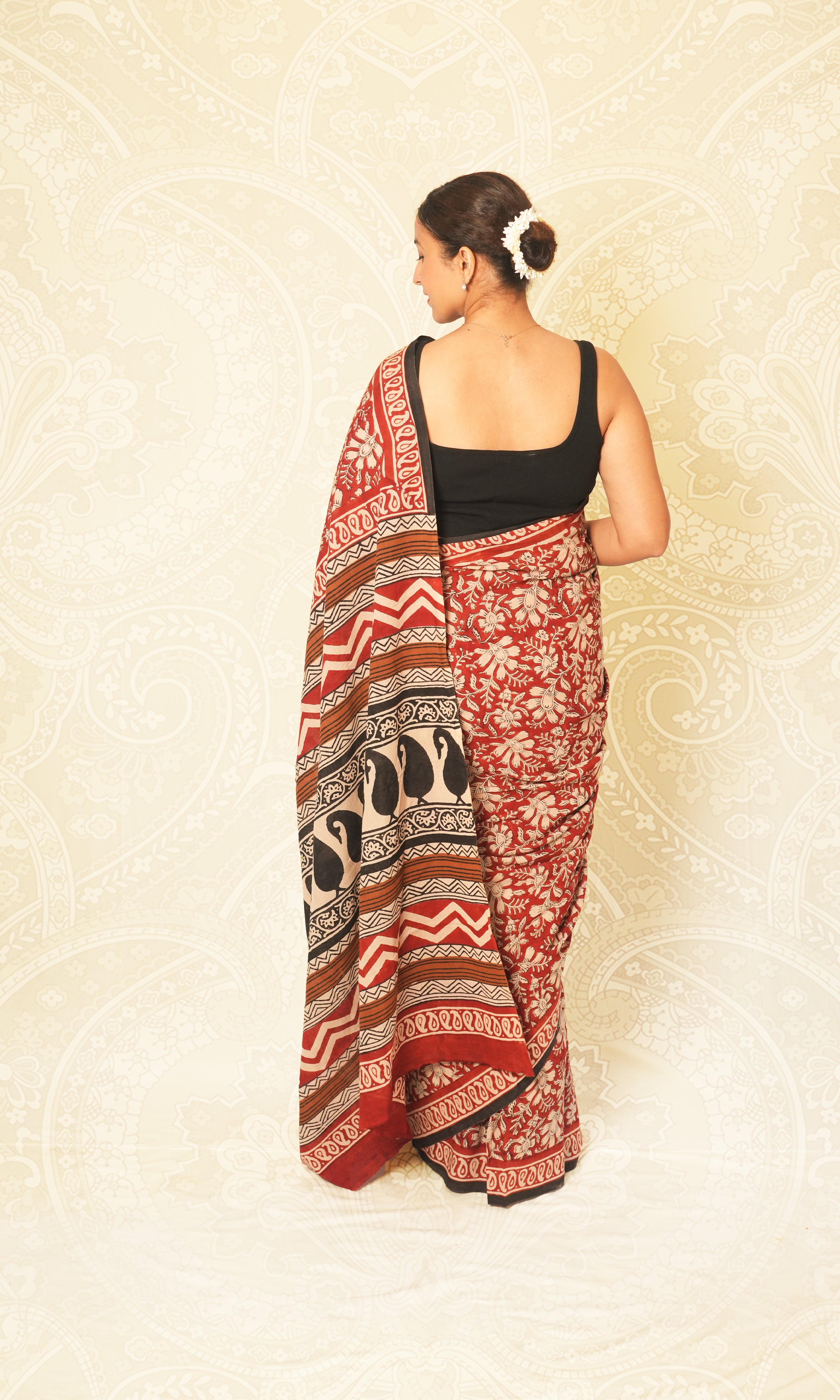 Black Hand Block Print Mulmul Cotton Saree With Blouse Piece