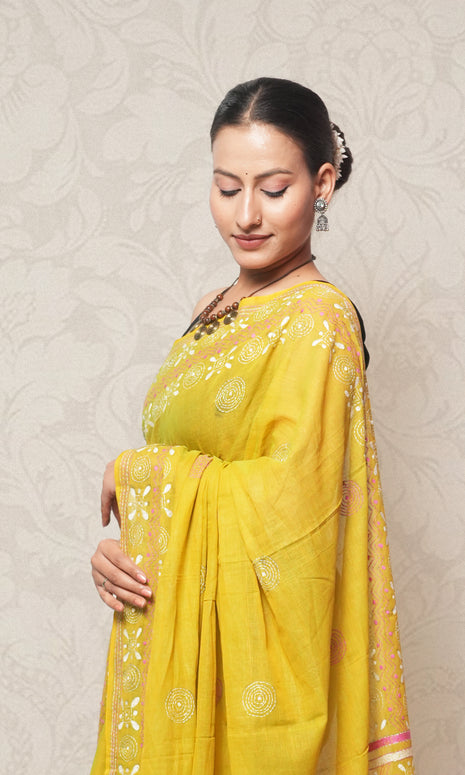 Pink And White Katha Work On Sap Green Cotton Saree