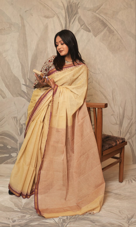 Dull Yellow And Maroon Border Ponduru Khadi Saree