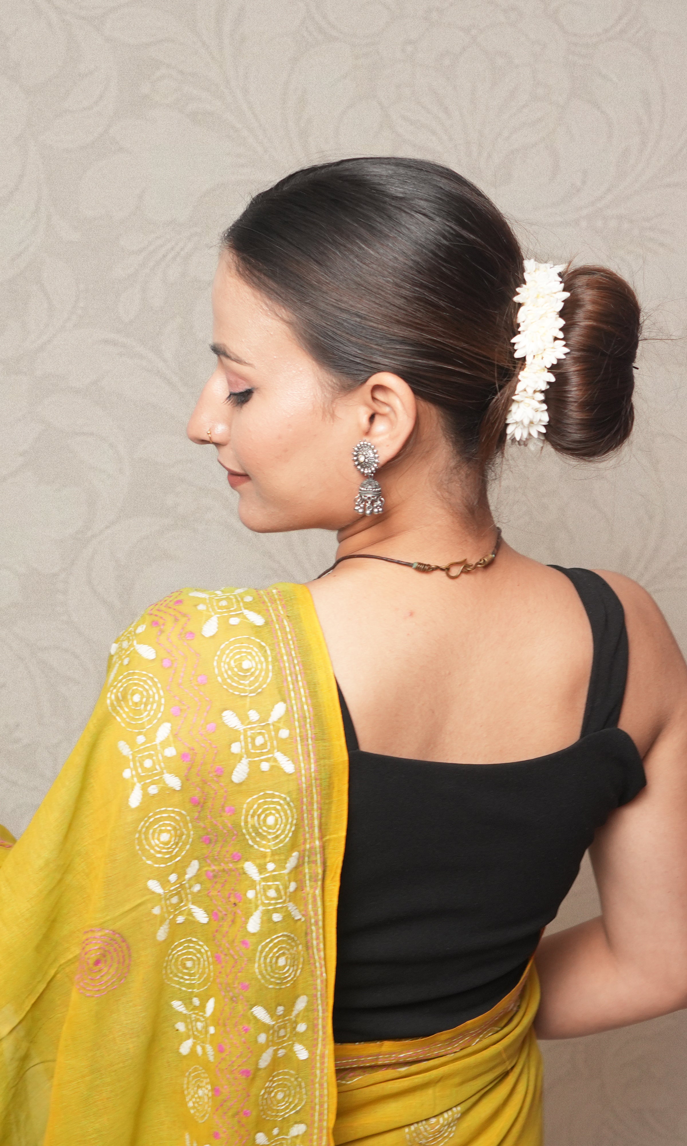 Pink And White Katha Work On Sap Green Cotton Saree