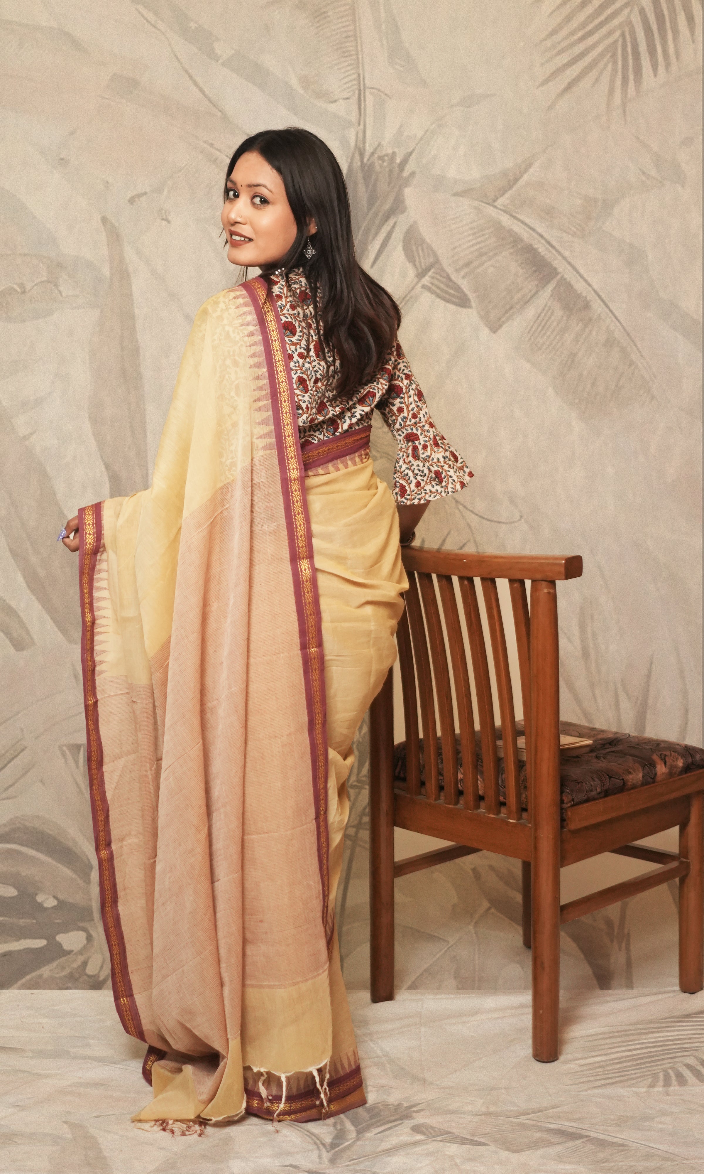 Dull Yellow And Maroon Border Ponduru Khadi Saree