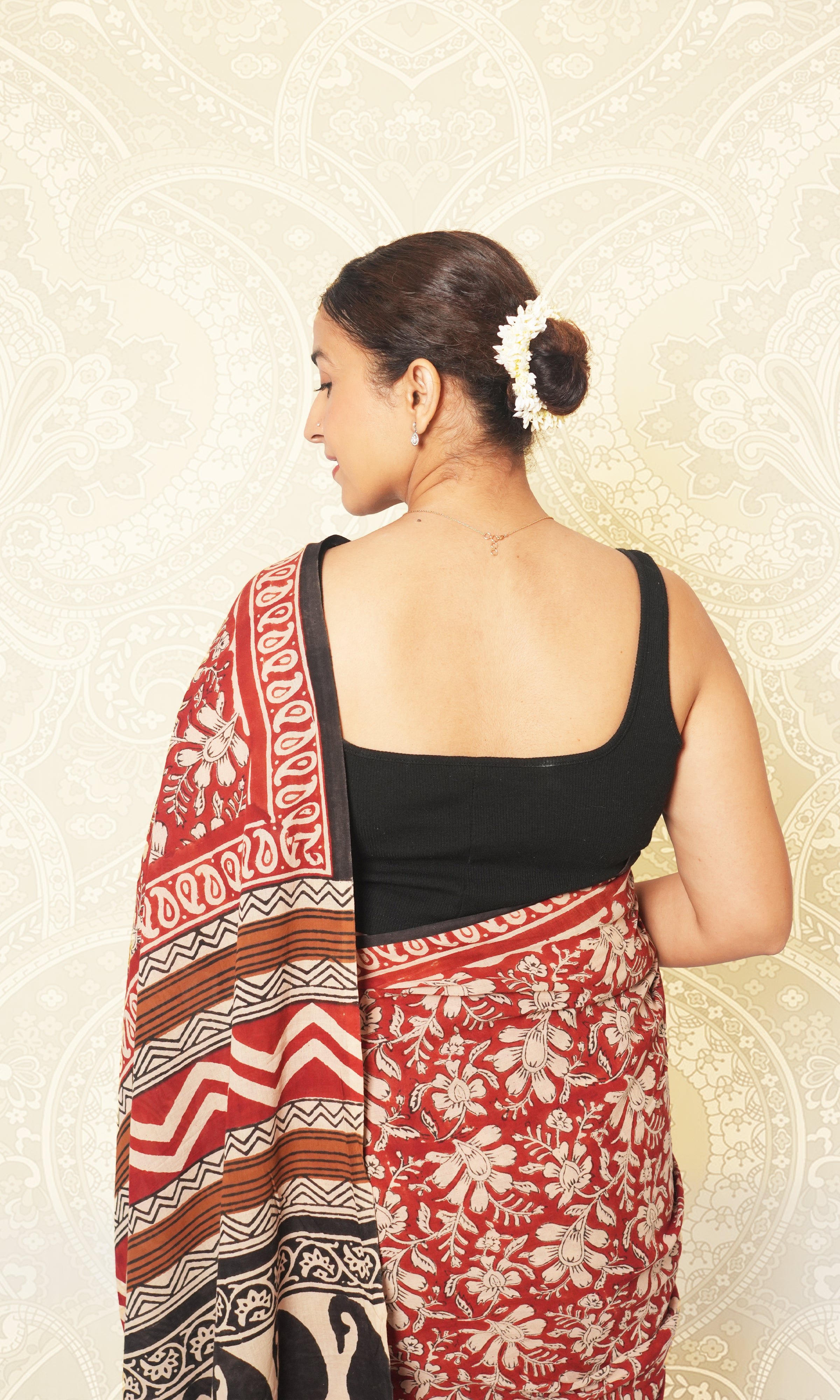 Black Hand Block Print Mulmul Cotton Saree With Blouse Piece