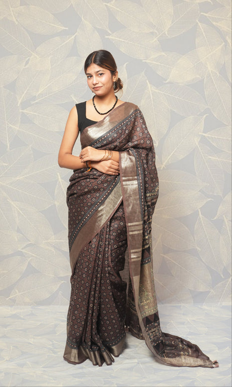 Earthy Brown Ajrak Print Linen Saree
