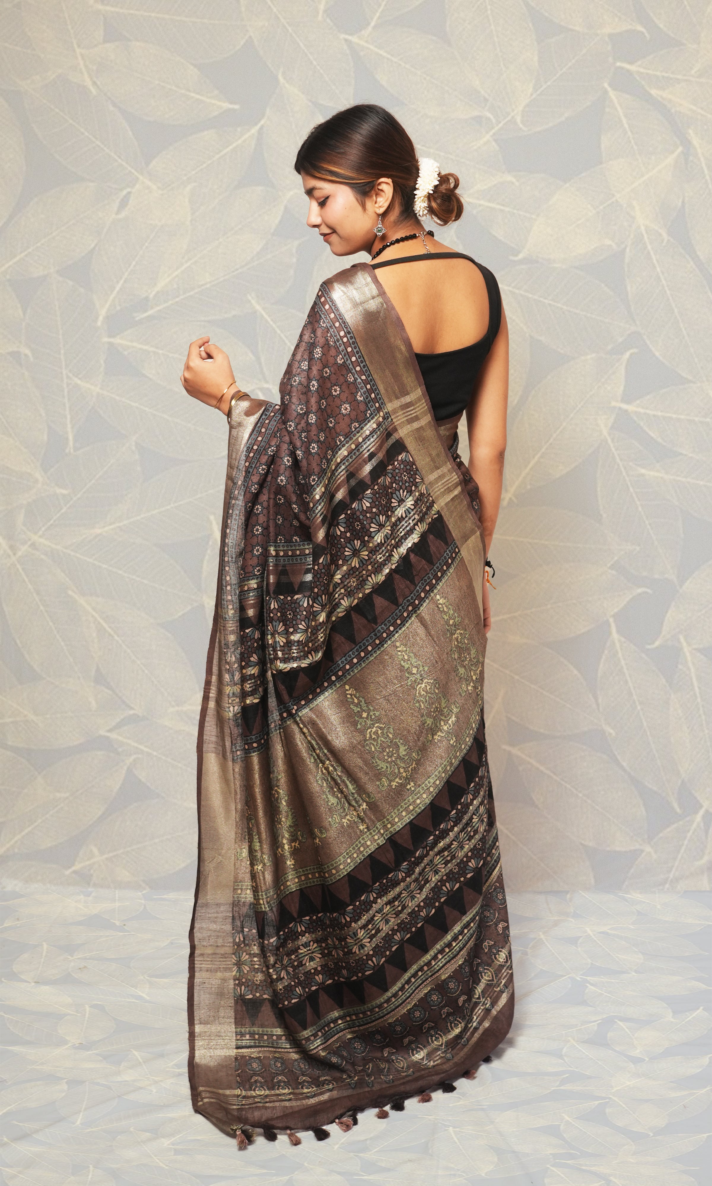 Earthy Brown Ajrak Print Linen Saree