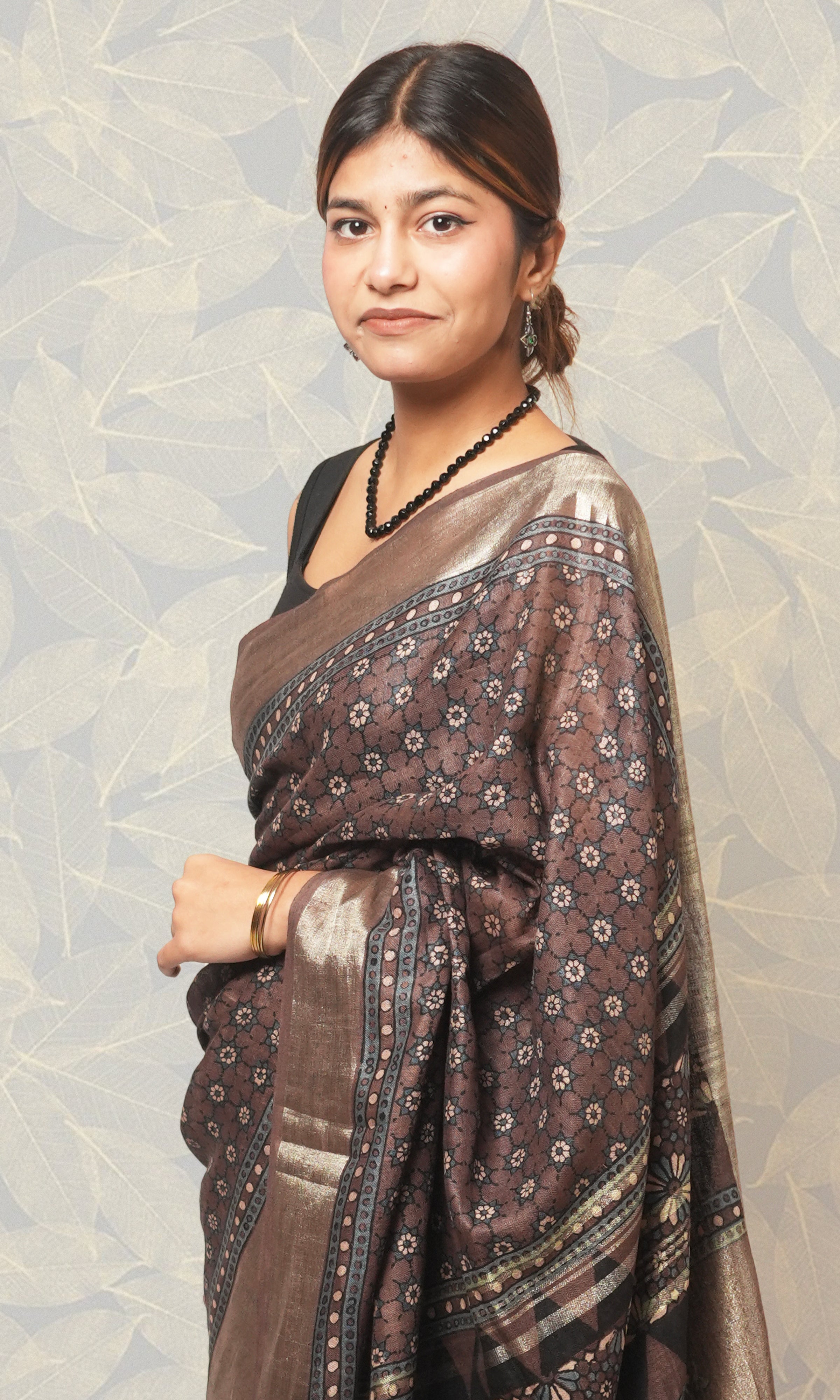Earthy Brown Ajrak Print Linen Saree