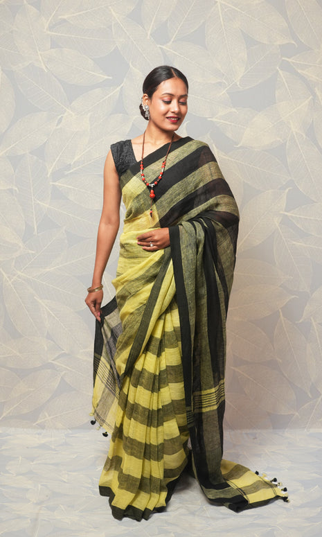 Black And Lemon Yellow Strip Linen Saree