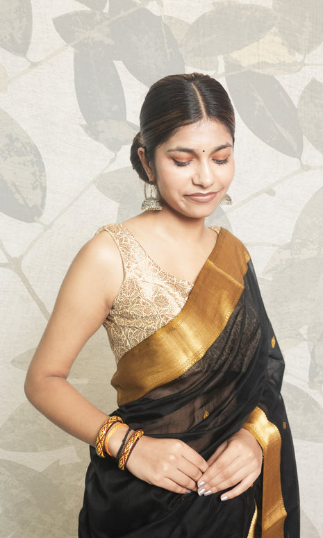 Haldi Yellow & Black Maheshwari Silk Saree With Blouse Piece
