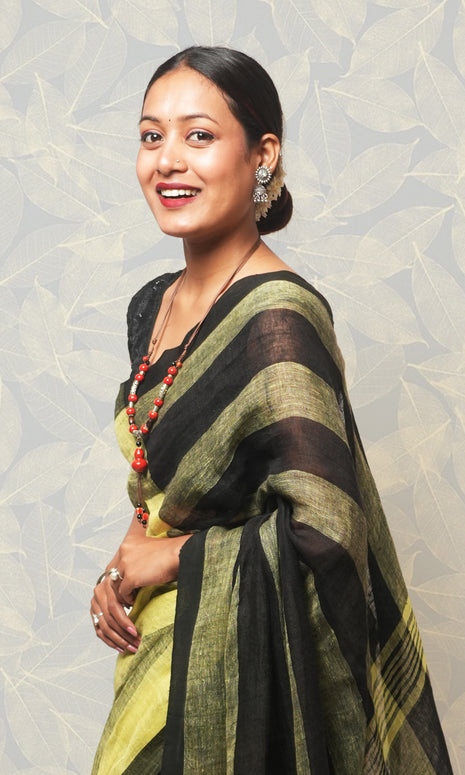 Black And Lemon Yellow Strip Linen Saree