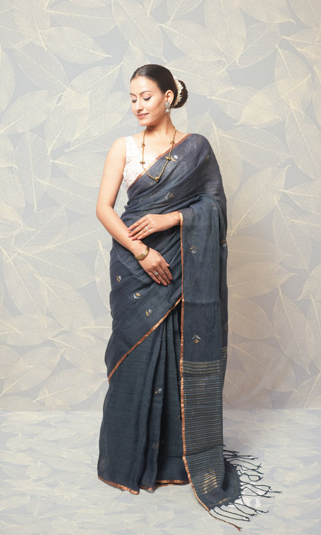 Deep Grey Linen Saree
