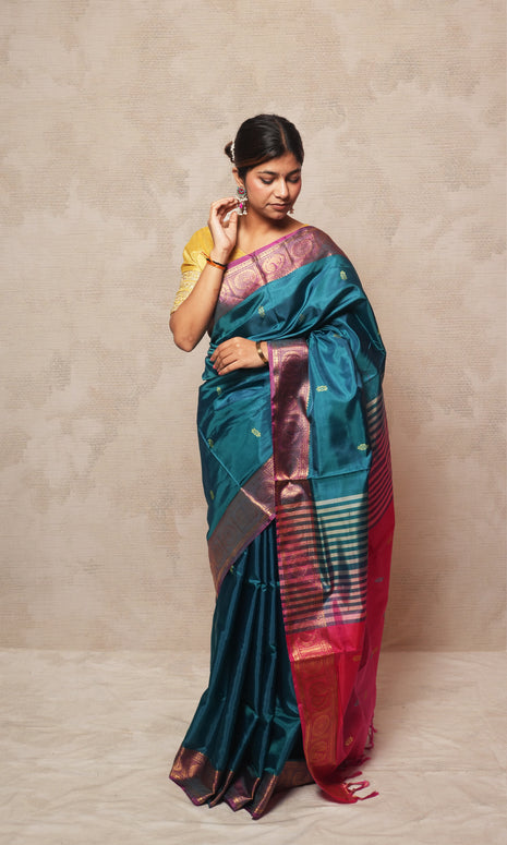 Peacock Blue Body And Pink Palla Banana silk Saree Wth Zari