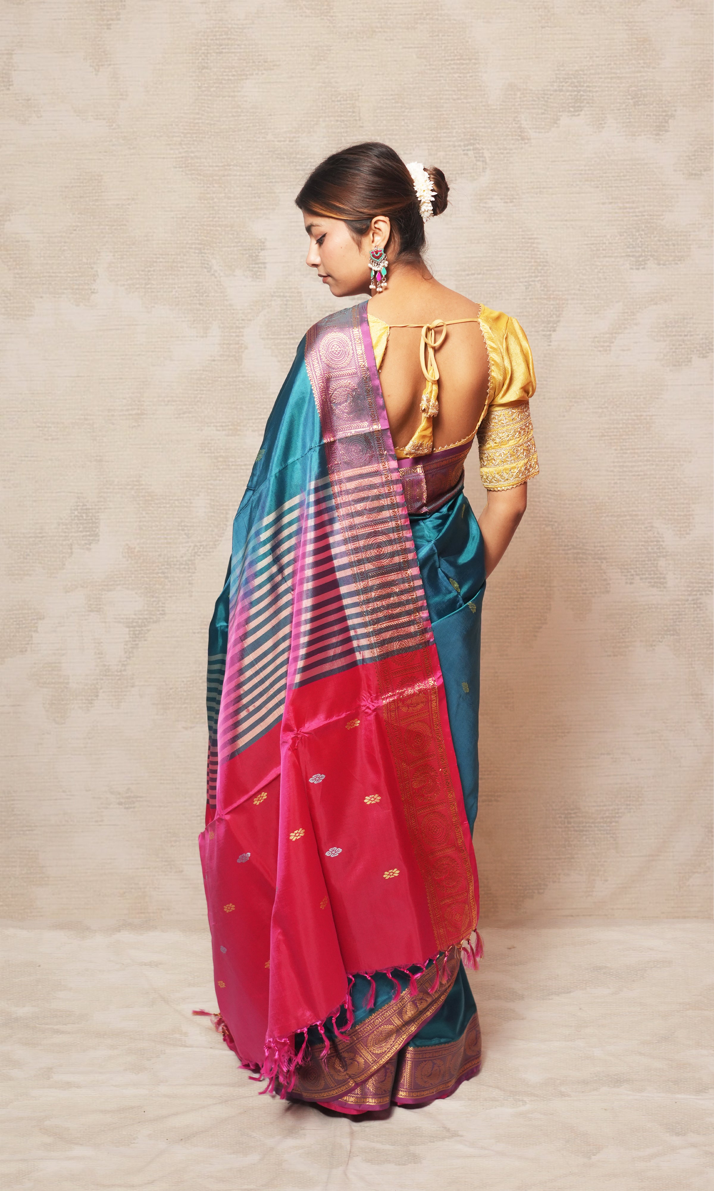 Peacock Blue Body And Pink Palla Banana silk Saree Wth Zari
