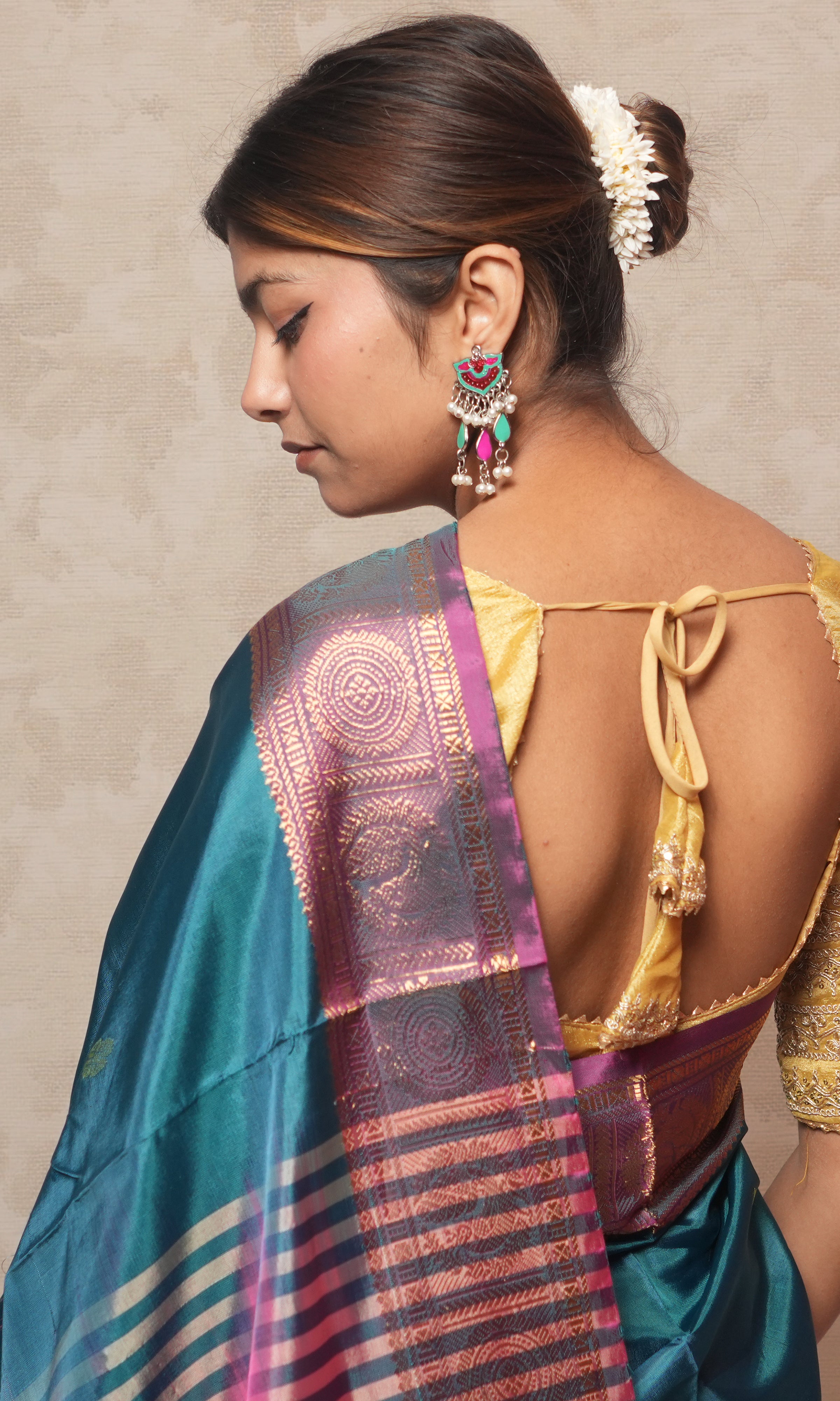 Peacock Blue Body And Pink Palla Banana silk Saree Wth Zari