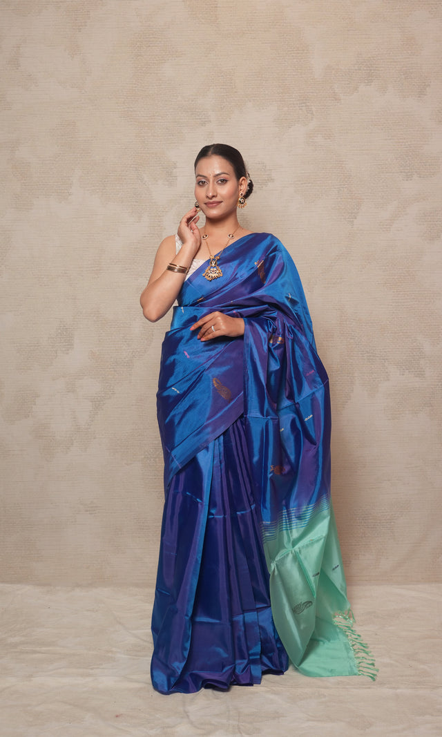 Royal Blue Body And Sea Green Palla Banana Silk Saree
