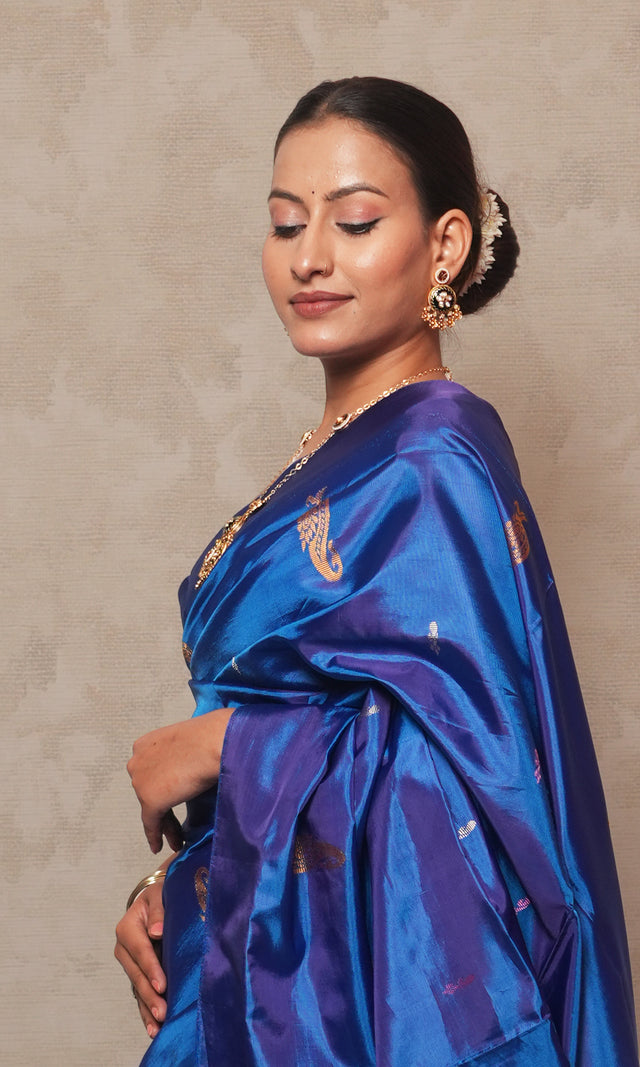 Royal Blue Body And Sea Green Palla Banana Silk Saree