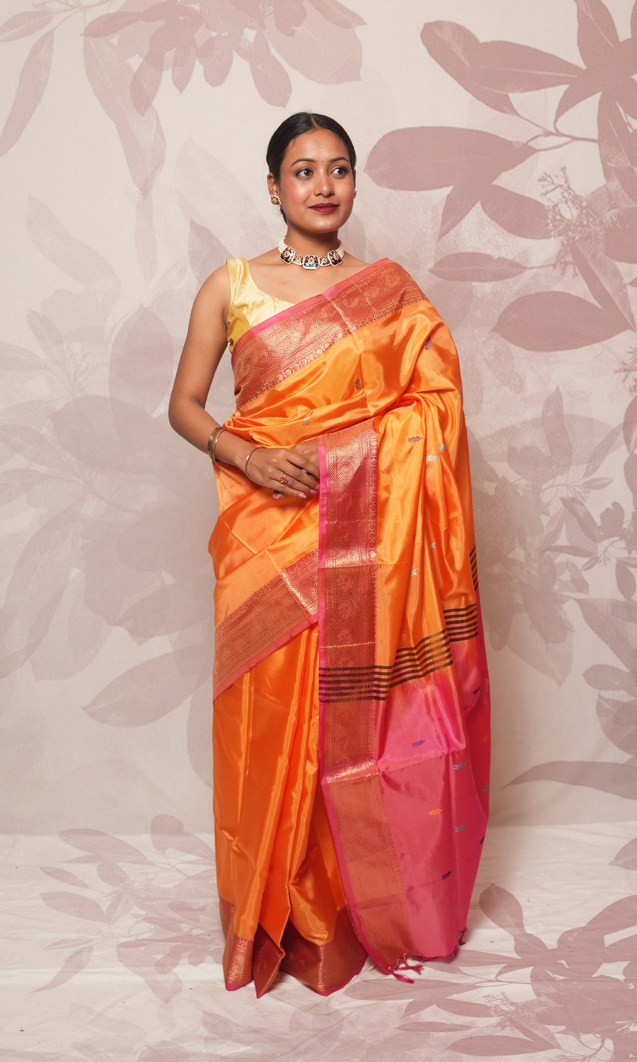 Bright Orange Body And  Pink Palla Banana Silk Saree With Zari