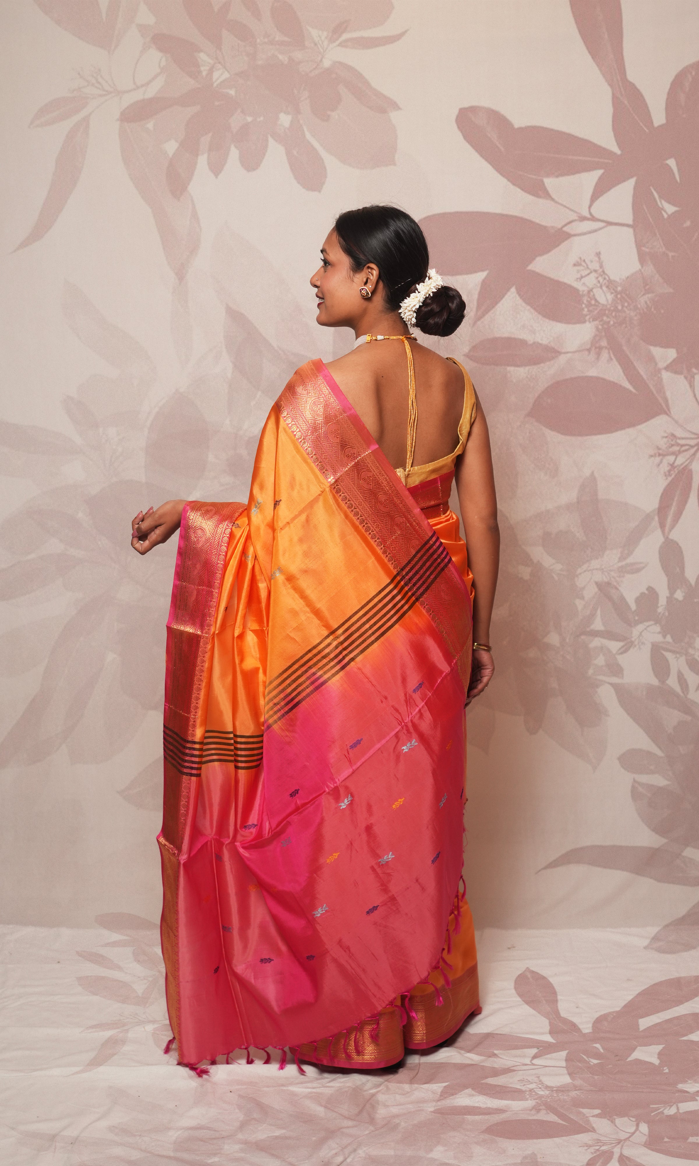 Bright Orange Body And  Pink Palla Banana Silk Saree With Zari