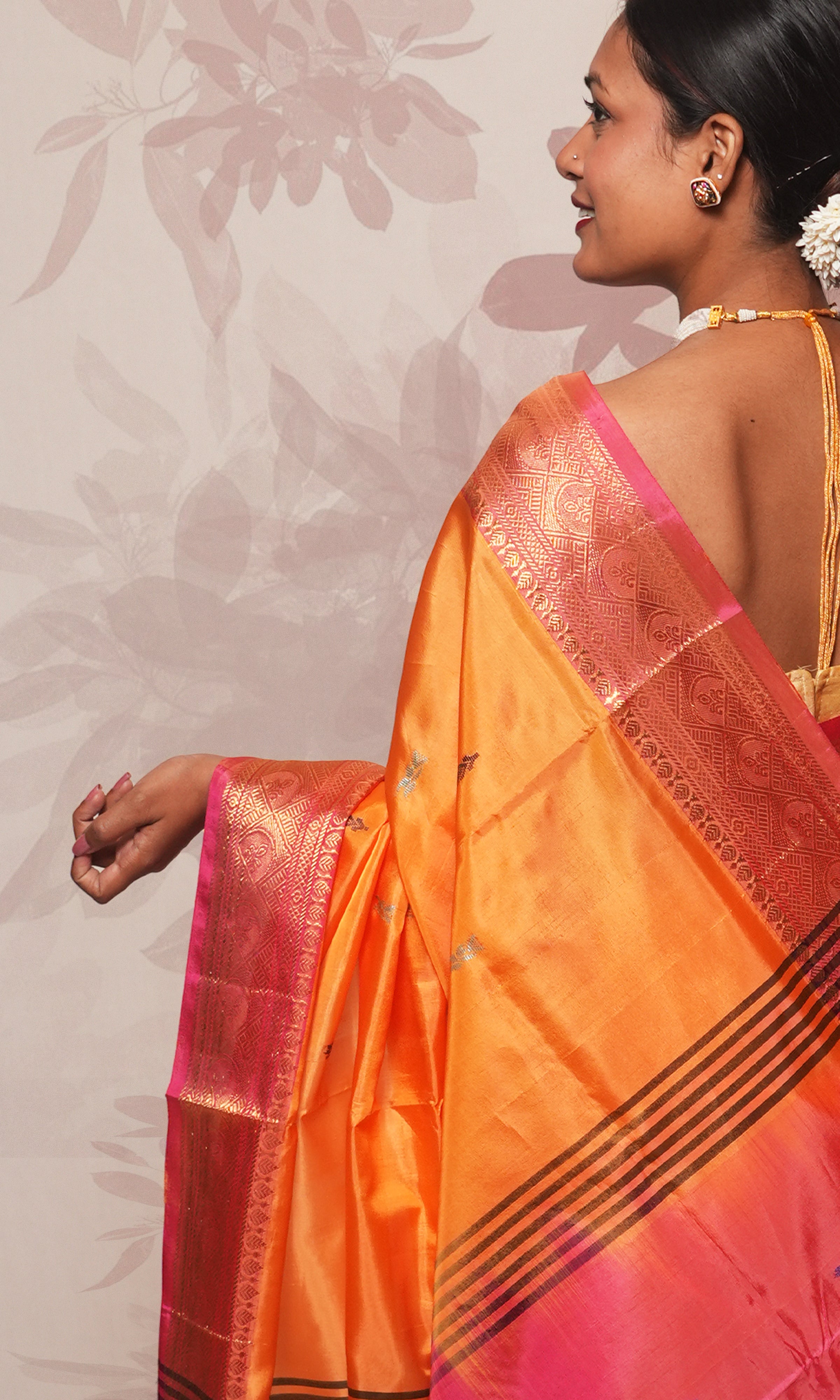 Bright Orange Body And  Pink Palla Banana Silk Saree With Zari