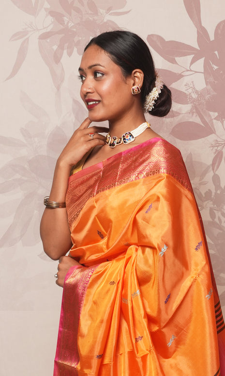 Bright Orange Body And  Pink Palla Banana Silk Saree With Zari
