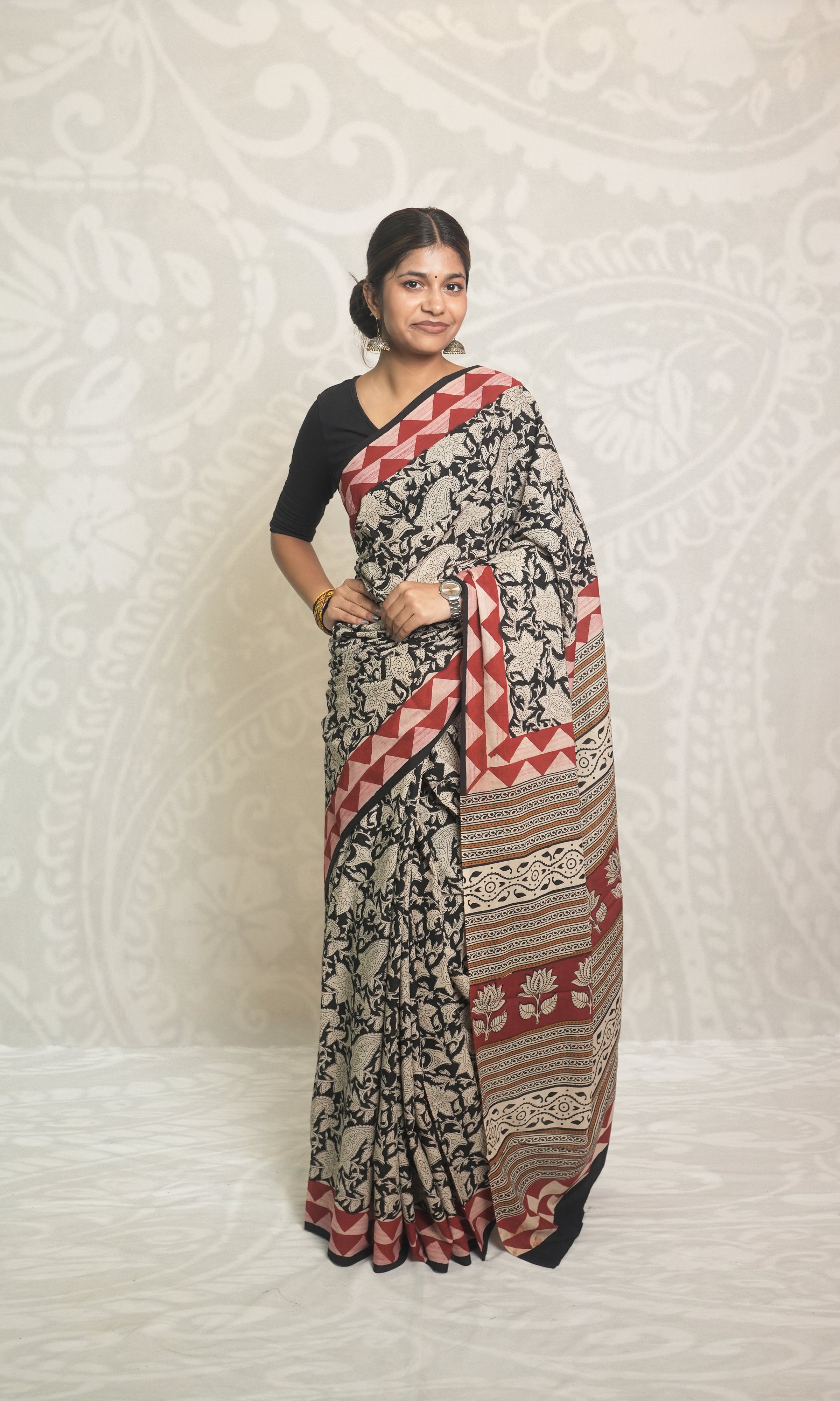 Red & Black Hand Block Print Cotton Saree With Blouse Piece