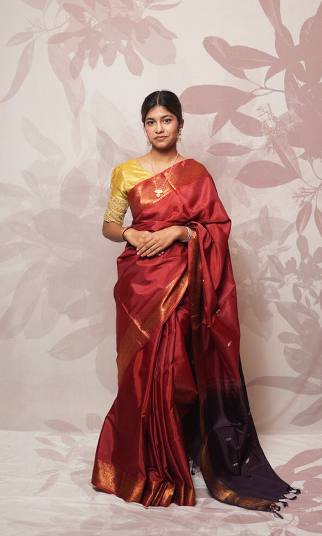 Dark Maroon Body And Purple Palla Banana Silk Saree With Zari