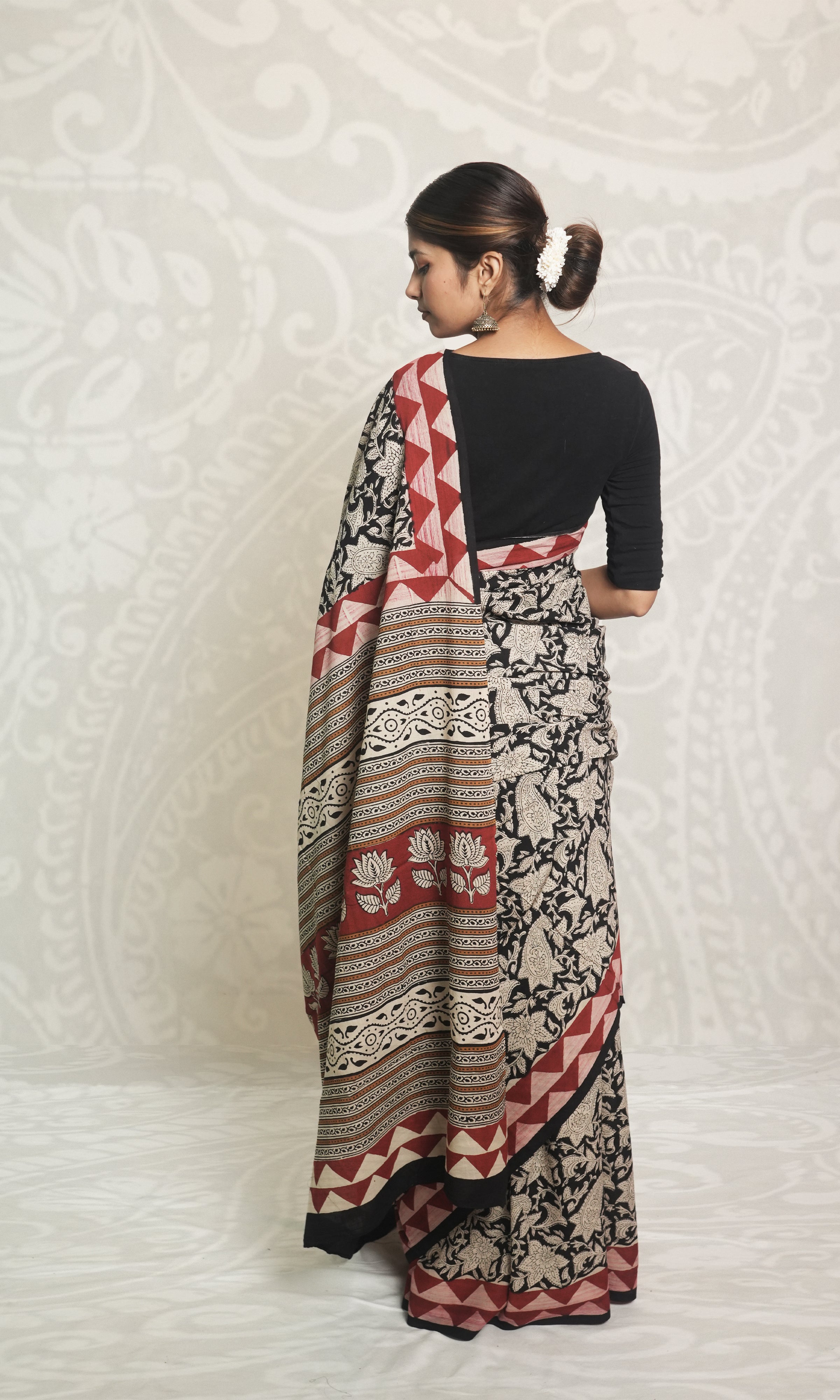 Red & Black Hand Block Print Cotton Saree With Blouse Piece