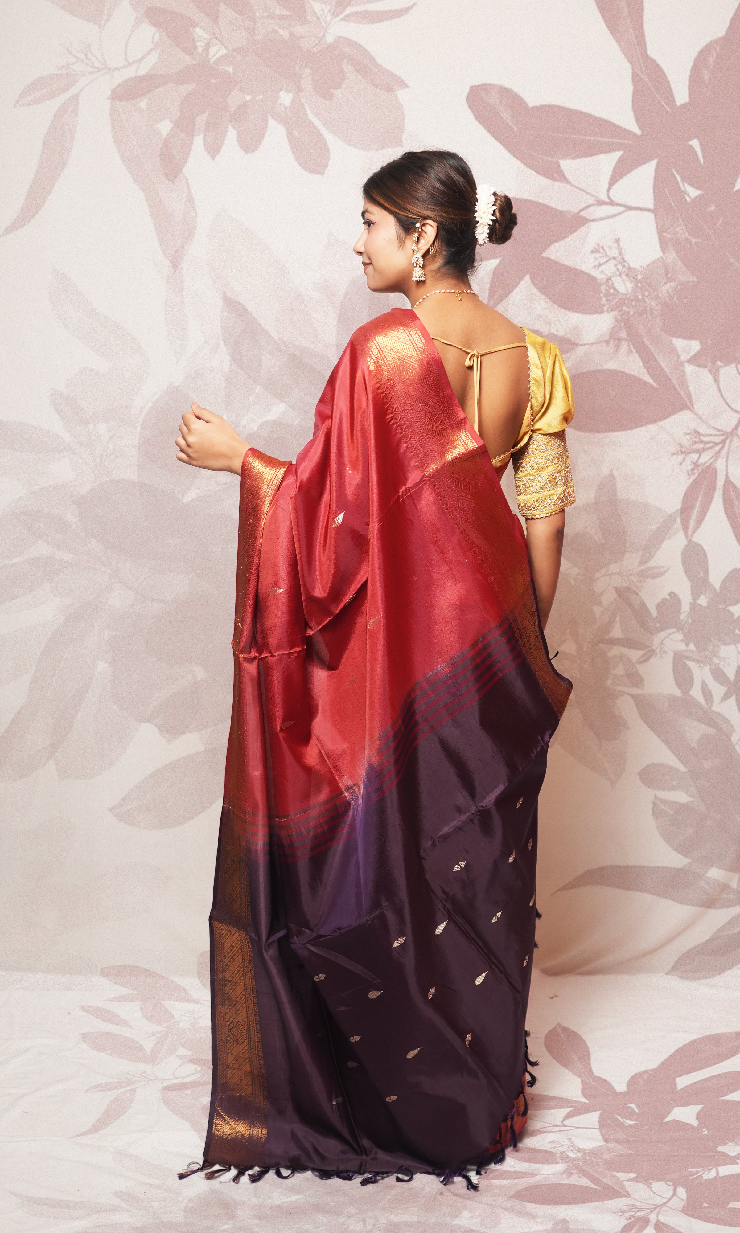Dark Maroon Body And Purple Palla Banana Silk Saree With Zari