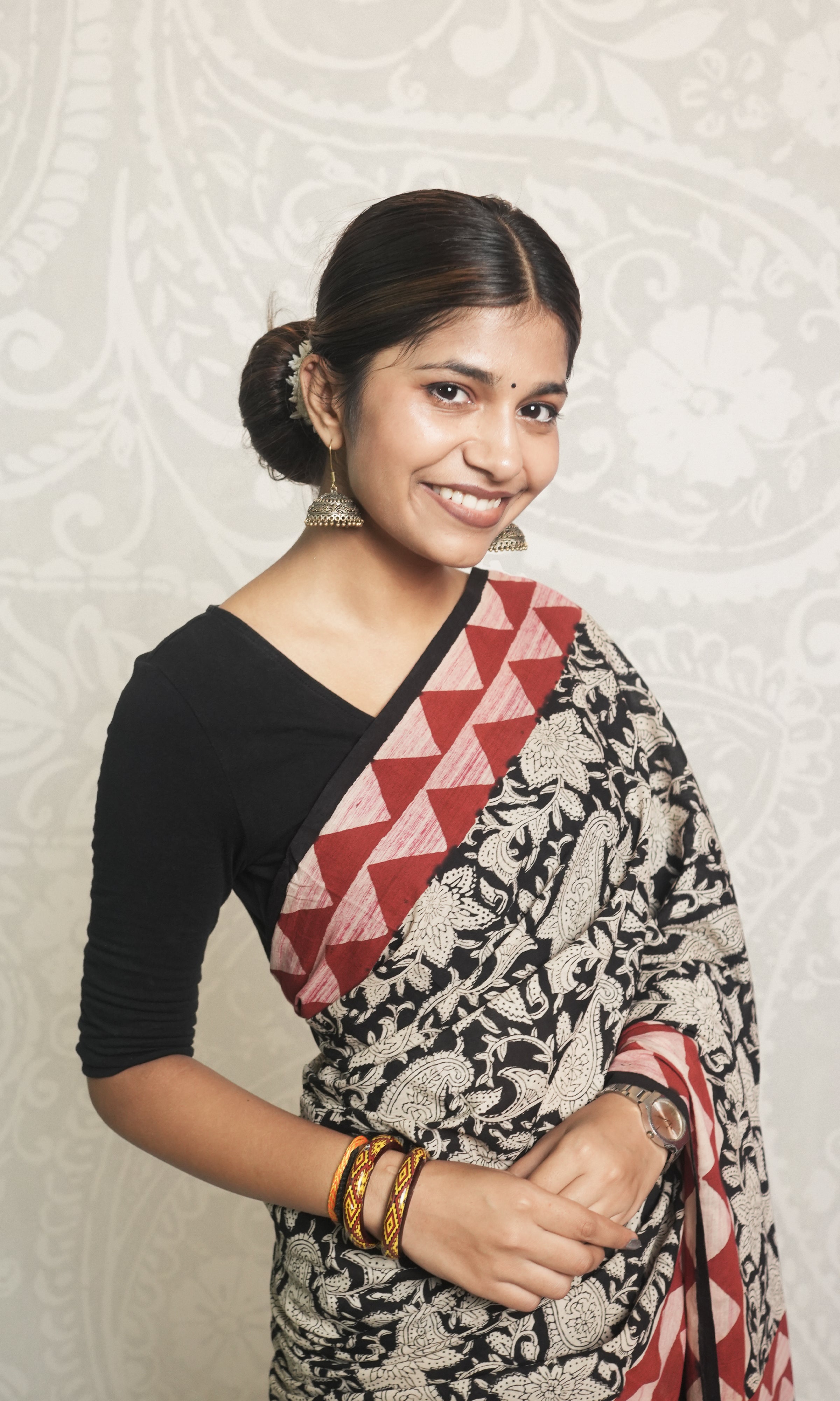 Red & Black Hand Block Print Cotton Saree With Blouse Piece