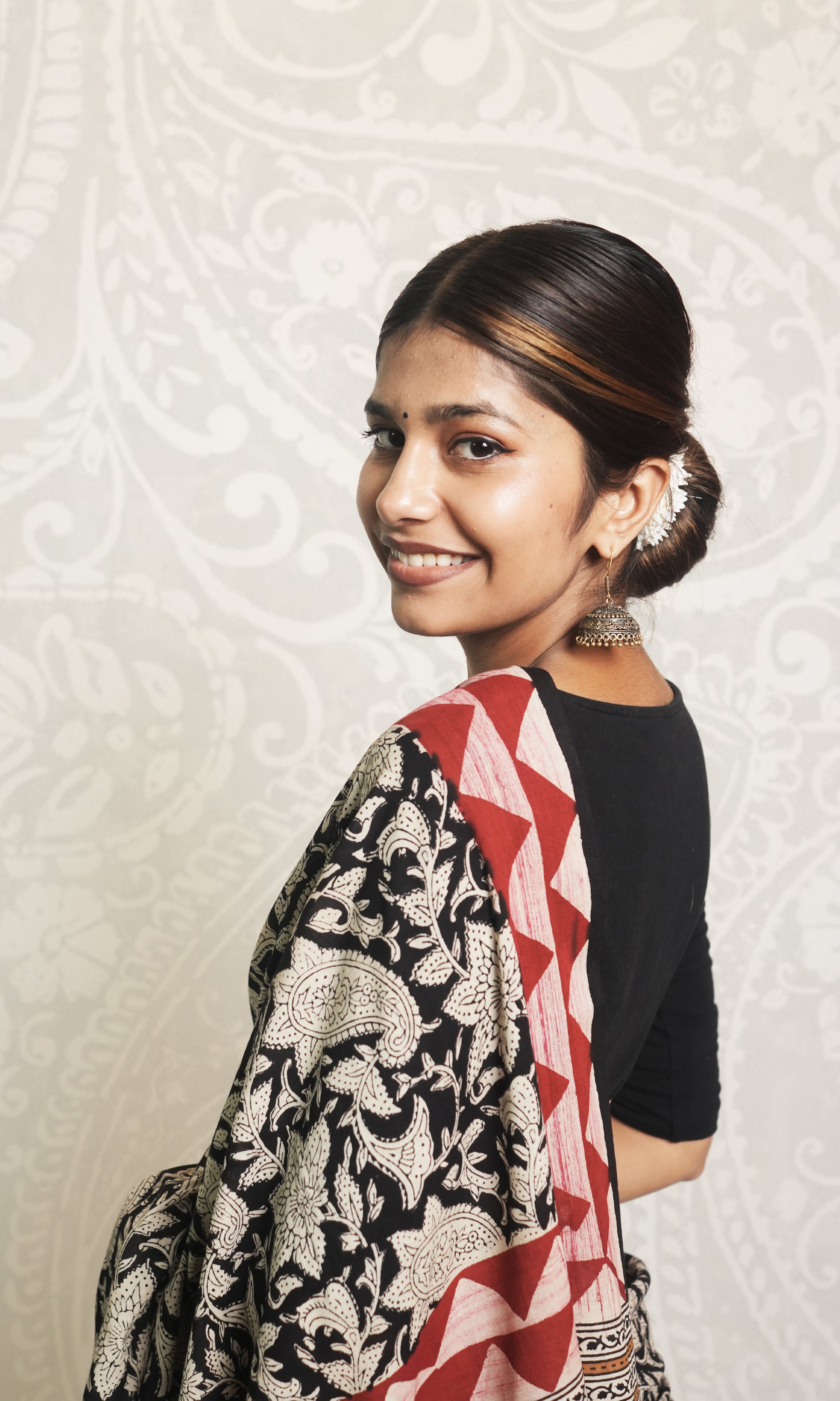 Red & Black Hand Block Print Cotton Saree With Blouse Piece