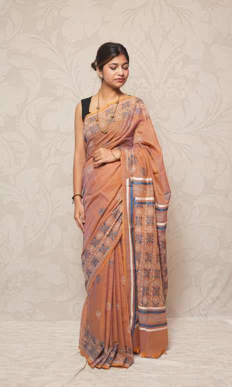 Blue Katha Work On Light Peach Cotton Saree
