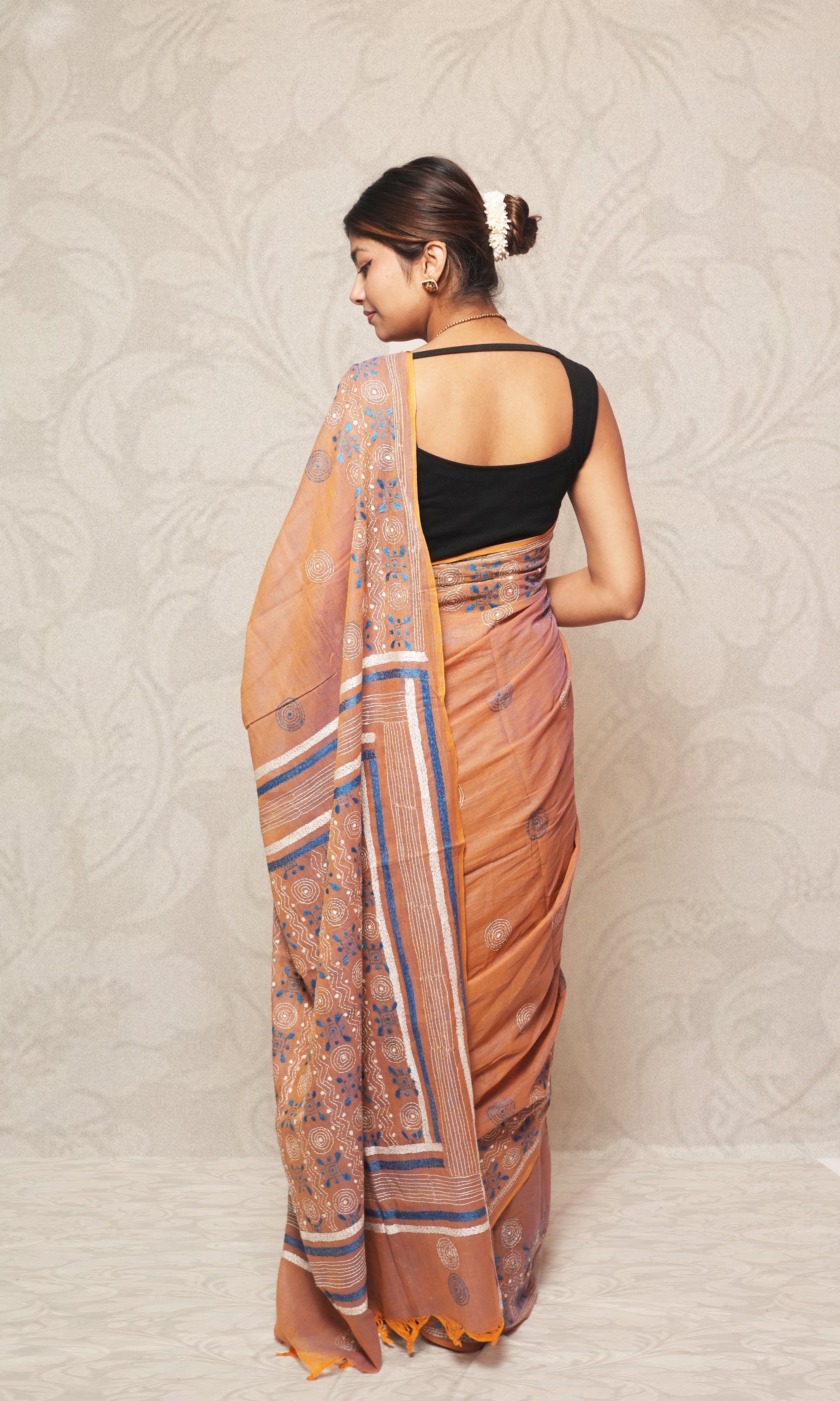 Blue Katha Work On Light Peach Cotton Saree
