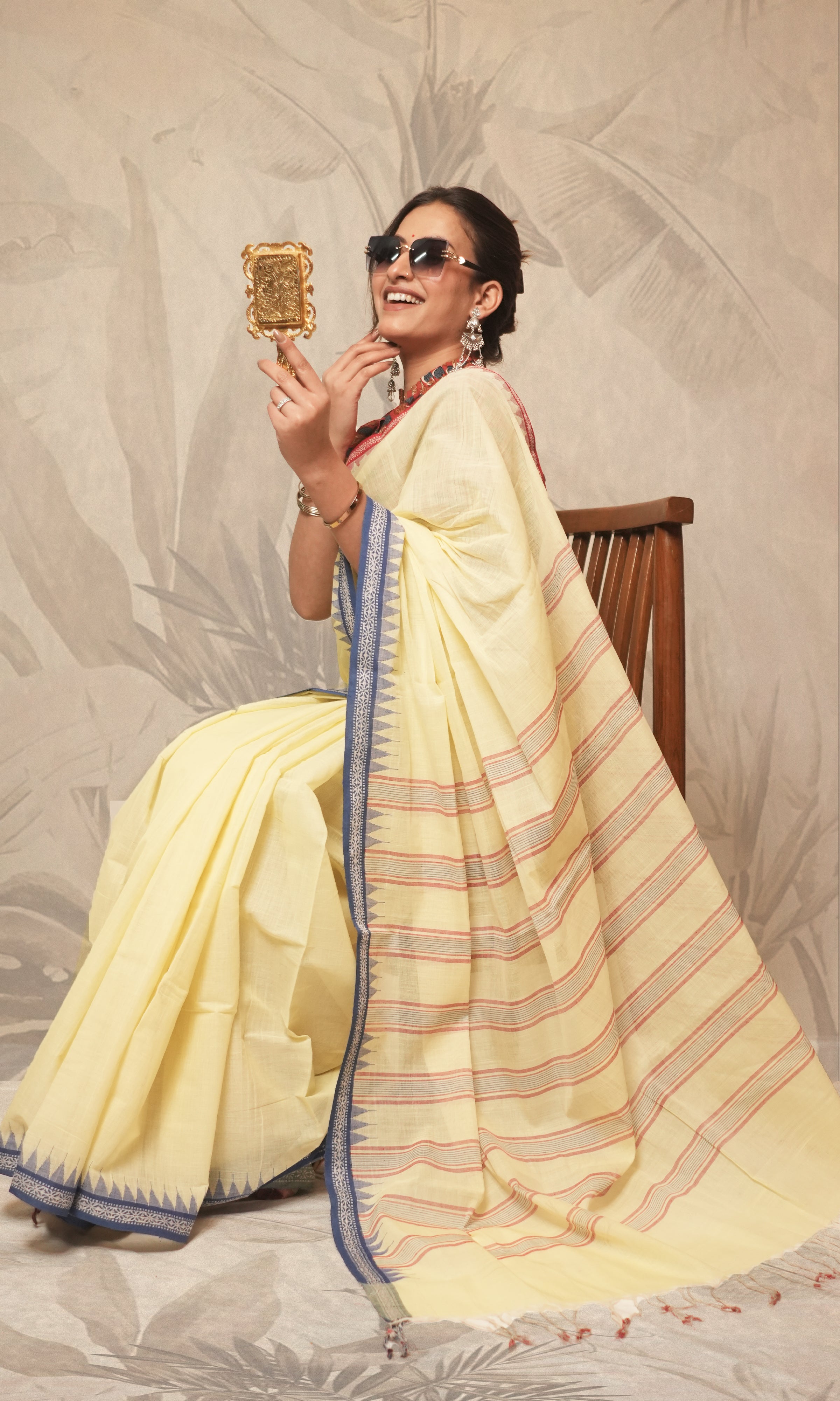 Light Yellow And Blue, Red Ganga Jamuna  Border Ponduru Khadi Saree