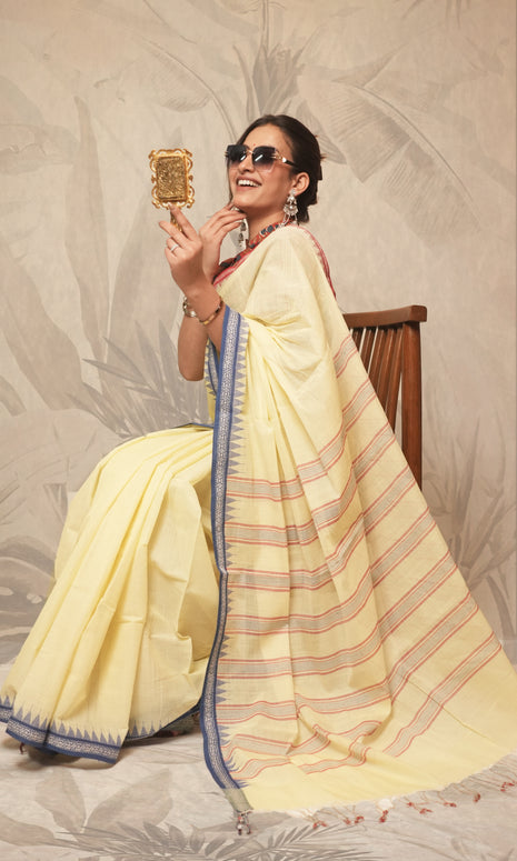Light Yellow And Blue, Red Ganga Jamuna  Border Ponduru Khadi Saree