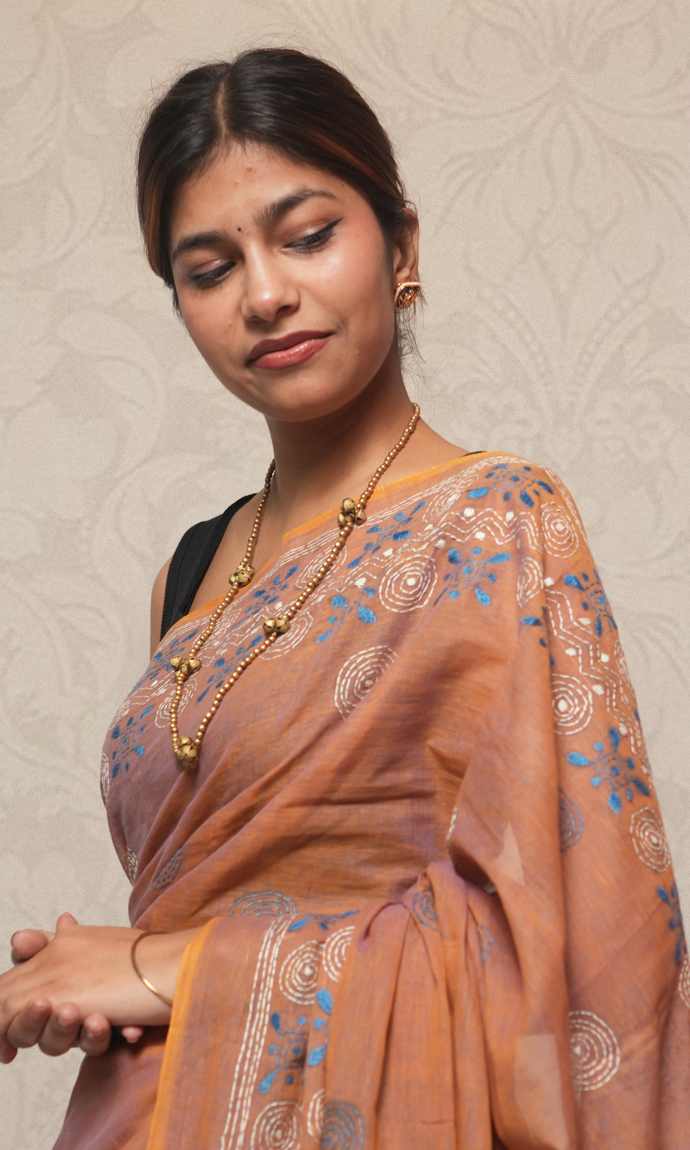 Blue Katha Work On Light Peach Cotton Saree