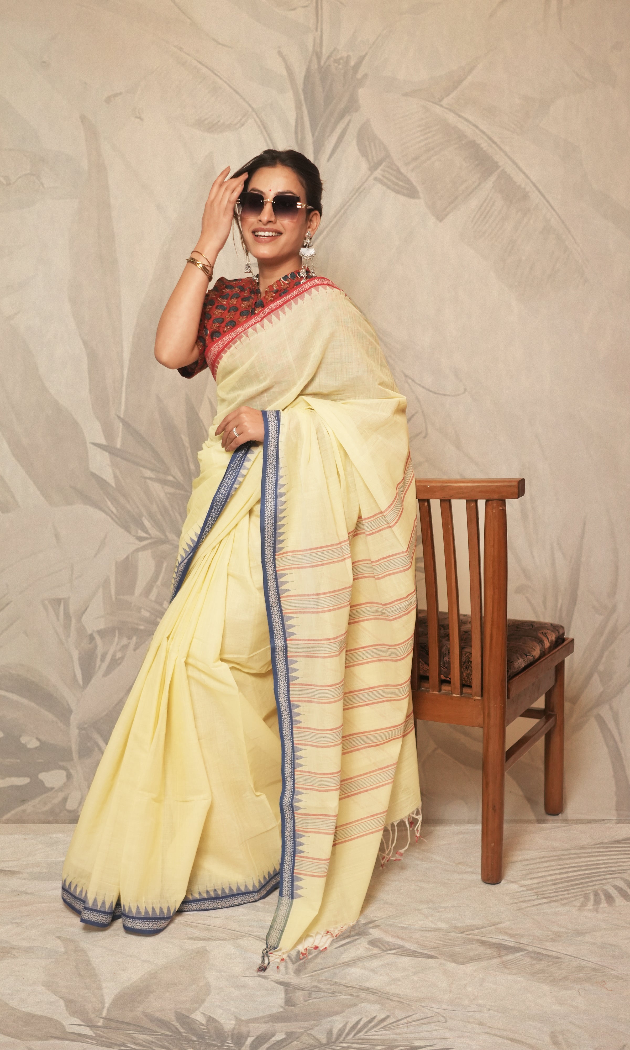 Light Yellow And Blue, Red Ganga Jamuna  Border Ponduru Khadi Saree