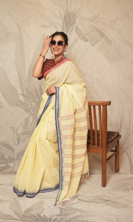 Light Yellow And Blue, Red Ganga Jamuna  Border Ponduru Khadi Saree