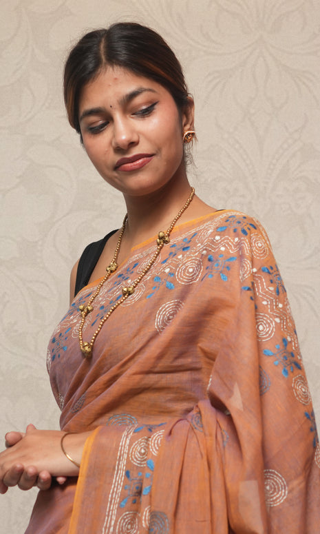 Blue Katha Work On Light Peach Cotton Saree