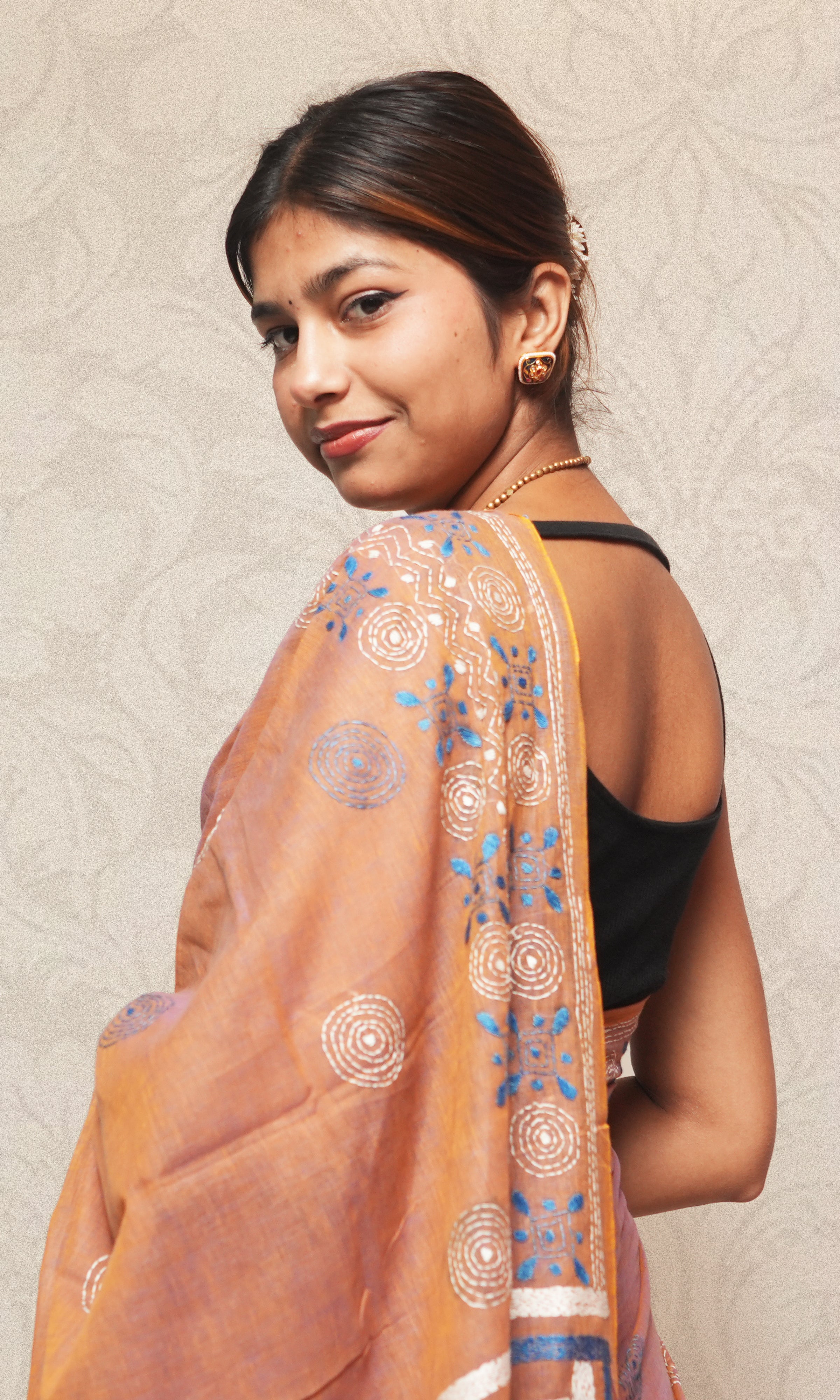 Blue Katha Work On Light Peach Cotton Saree