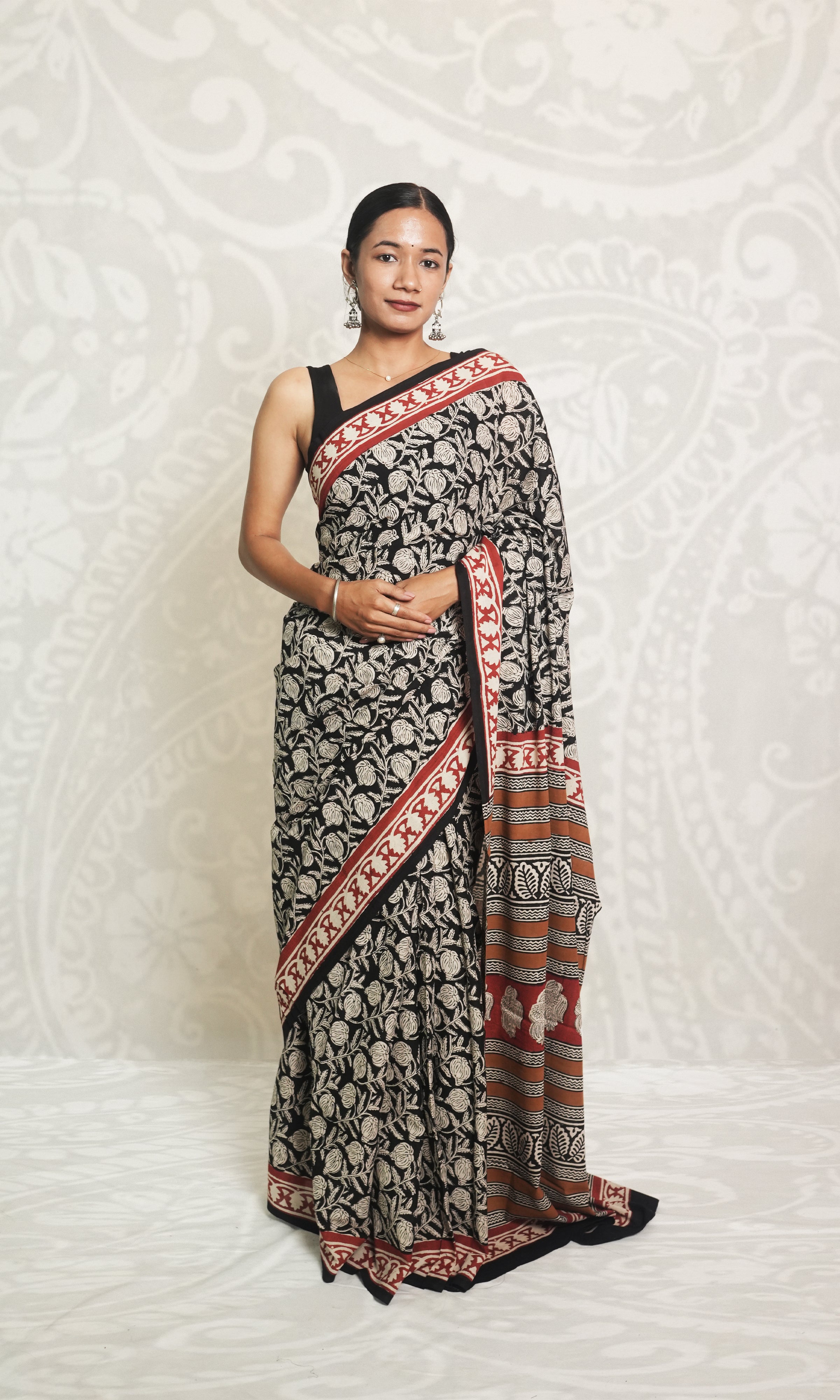 White Pomegranate On Black Base Red Border Hand Block Cotton Saree With Blouse Piece