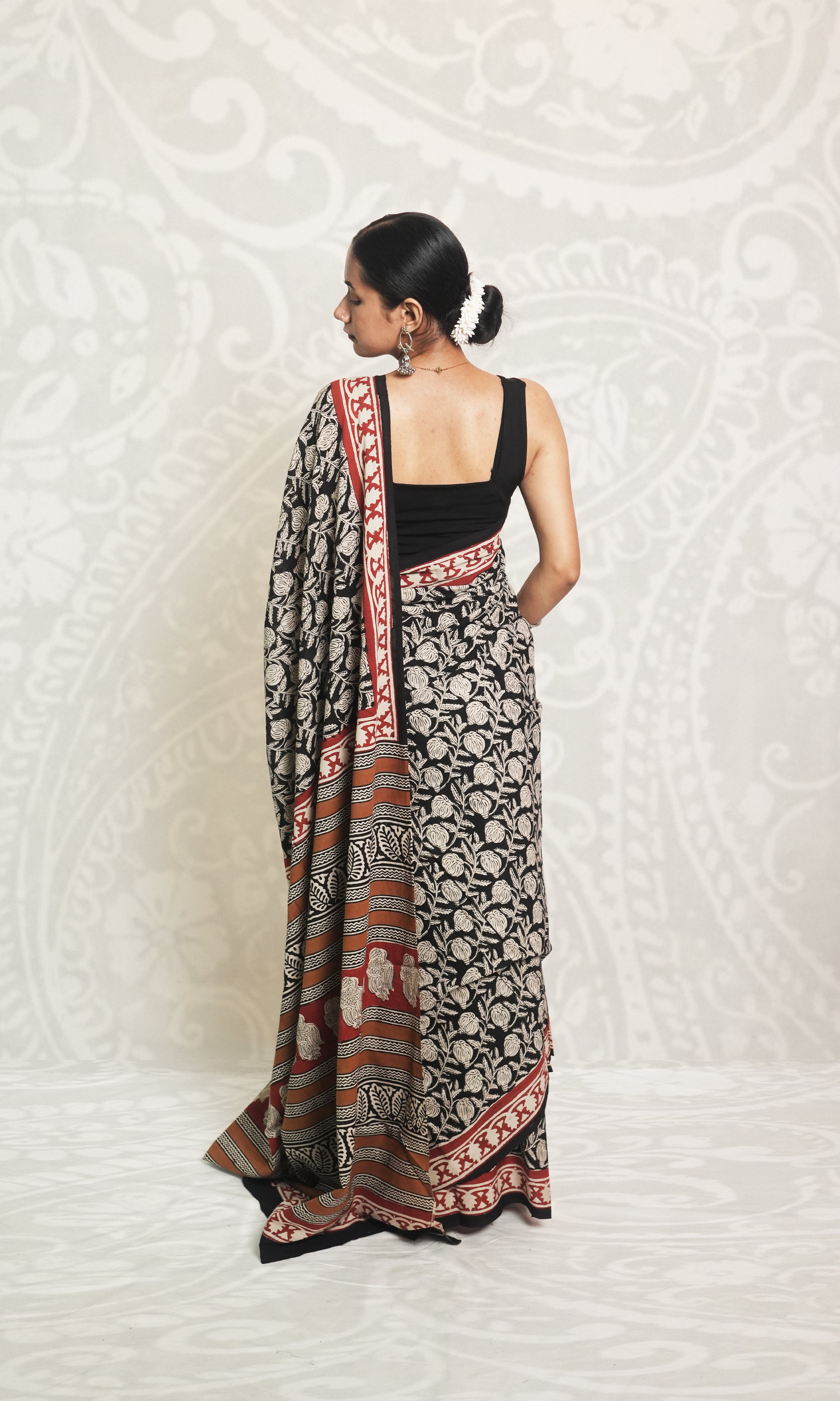 White Pomegranate On Black Base Red Border Hand Block Cotton Saree With Blouse Piece
