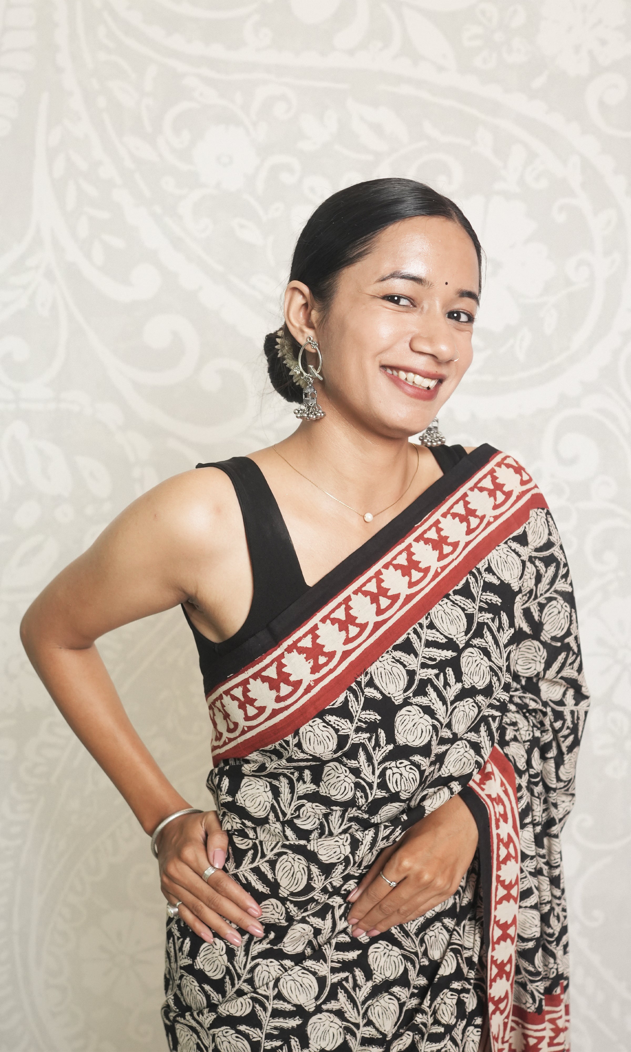 White Pomegranate On Black Base Red Border Hand Block Cotton Saree With Blouse Piece