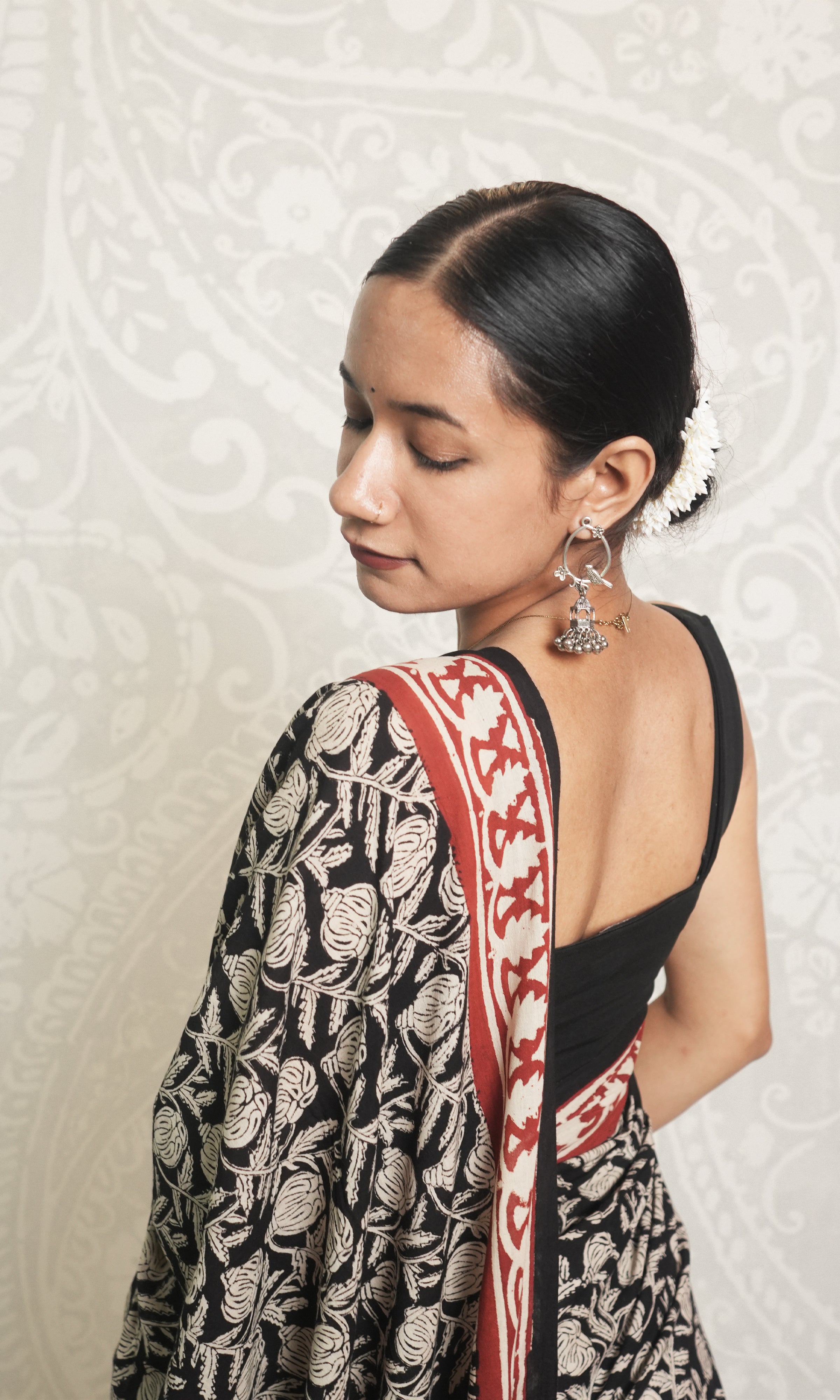 White Pomegranate On Black Base Red Border Hand Block Cotton Saree With Blouse Piece