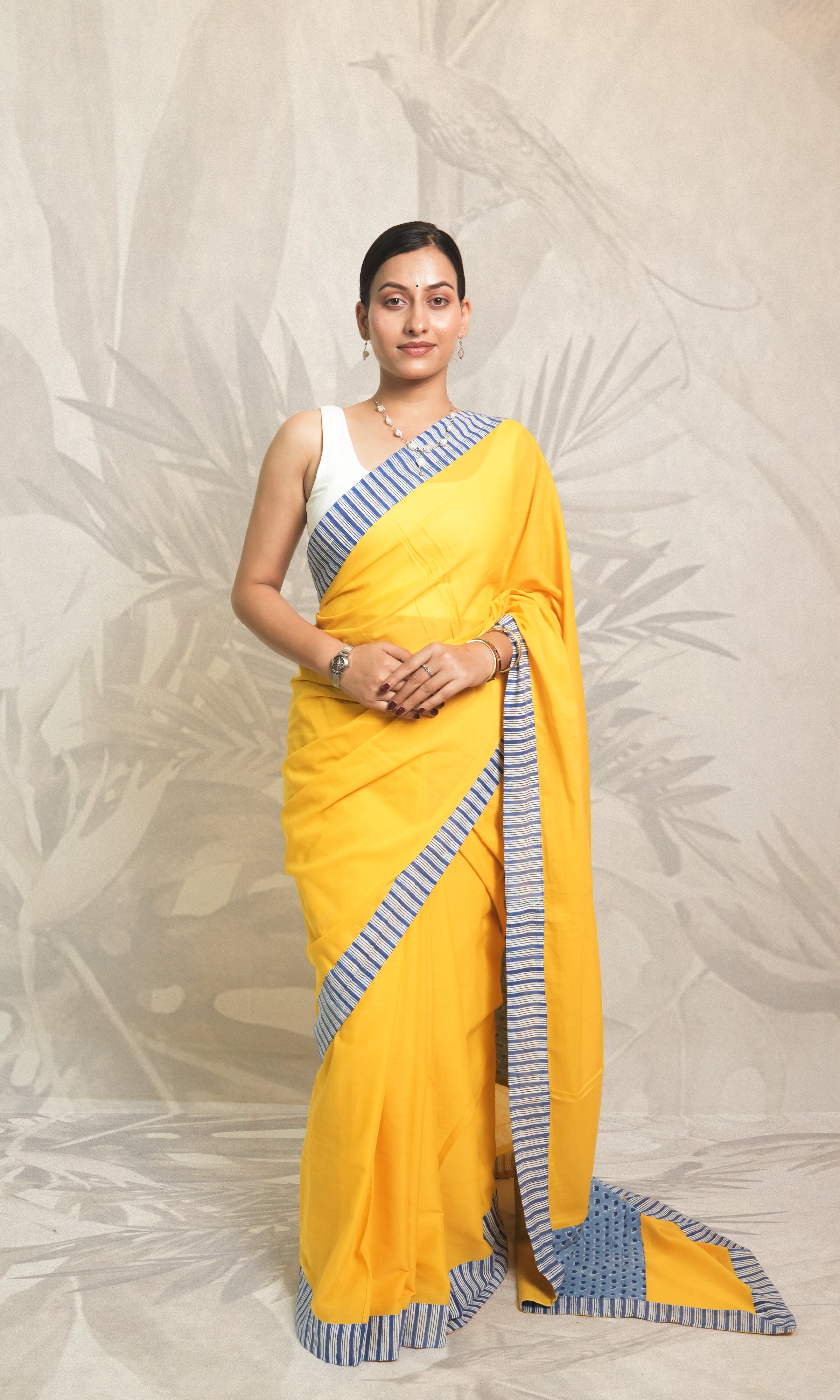 Yellow & Blue Applique Mulmul Cotton Saree With Blouse Piece