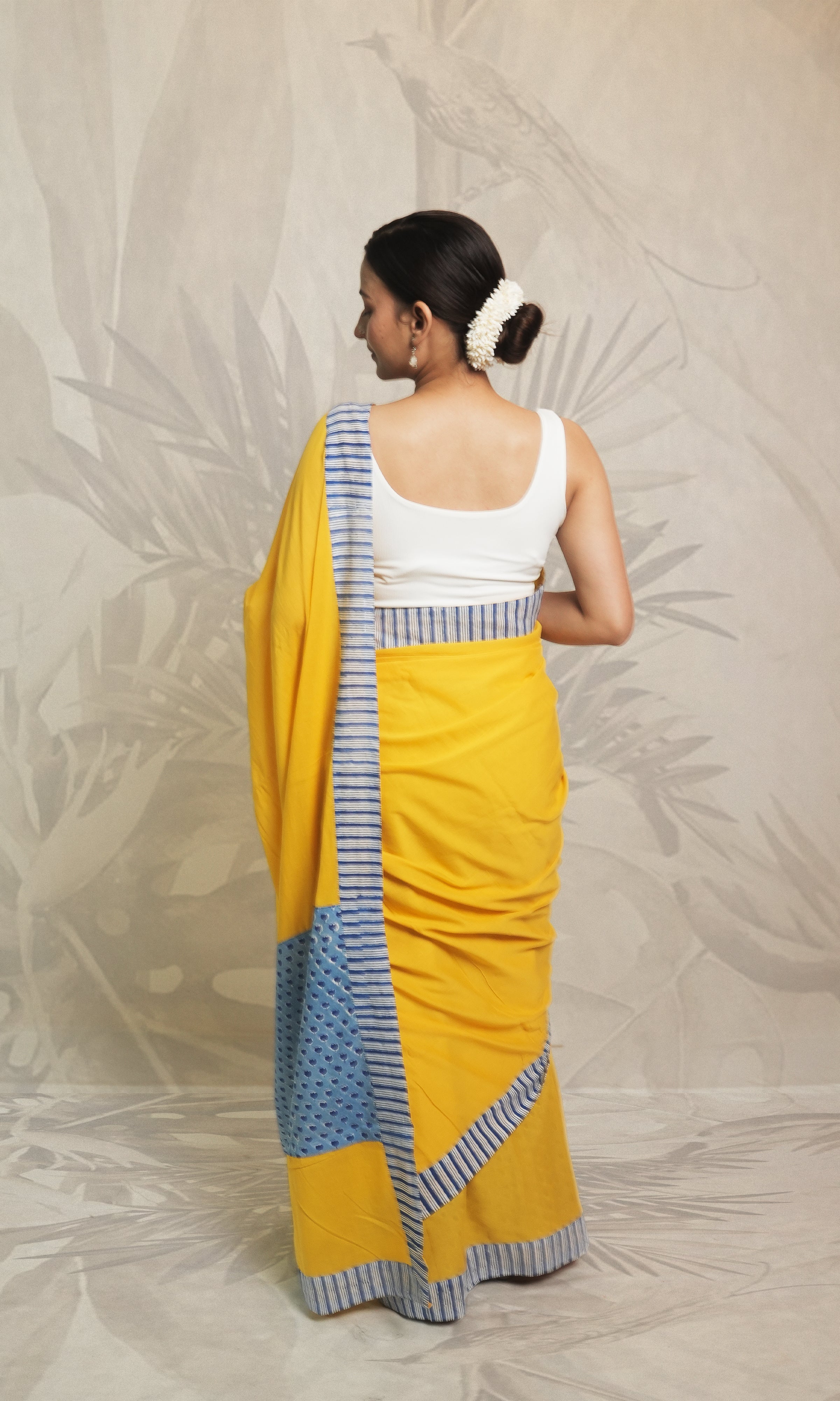 Yellow & Blue Applique Mulmul Cotton Saree With Blouse Piece
