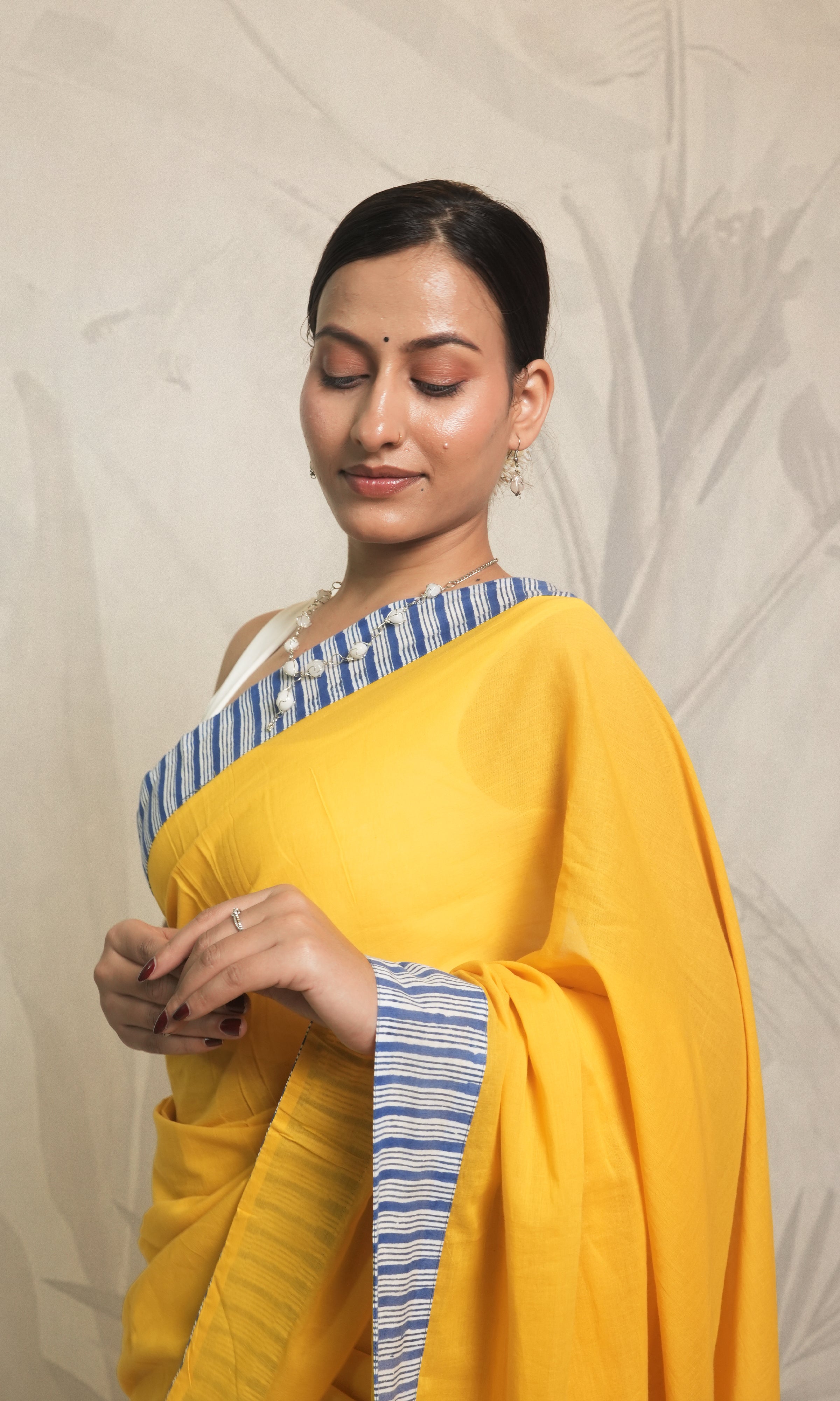 Yellow & Blue Applique Mulmul Cotton Saree With Blouse Piece