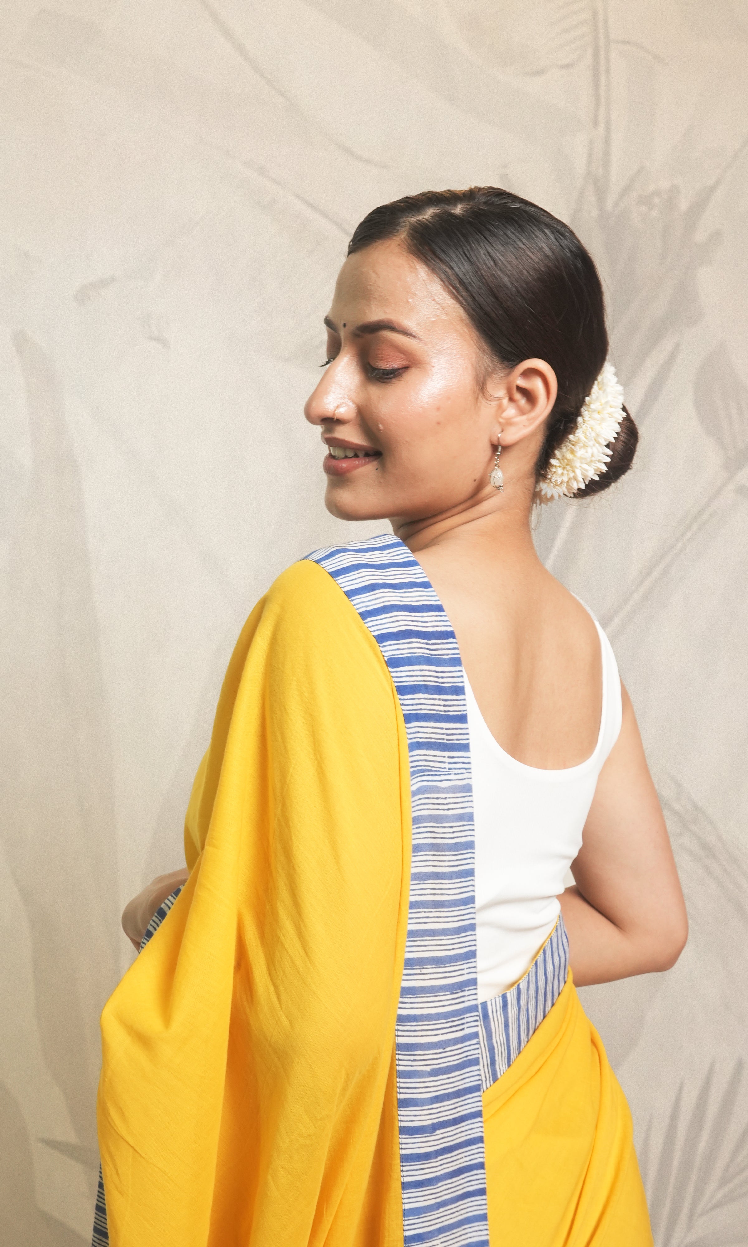 Yellow & Blue Applique Mulmul Cotton Saree With Blouse Piece