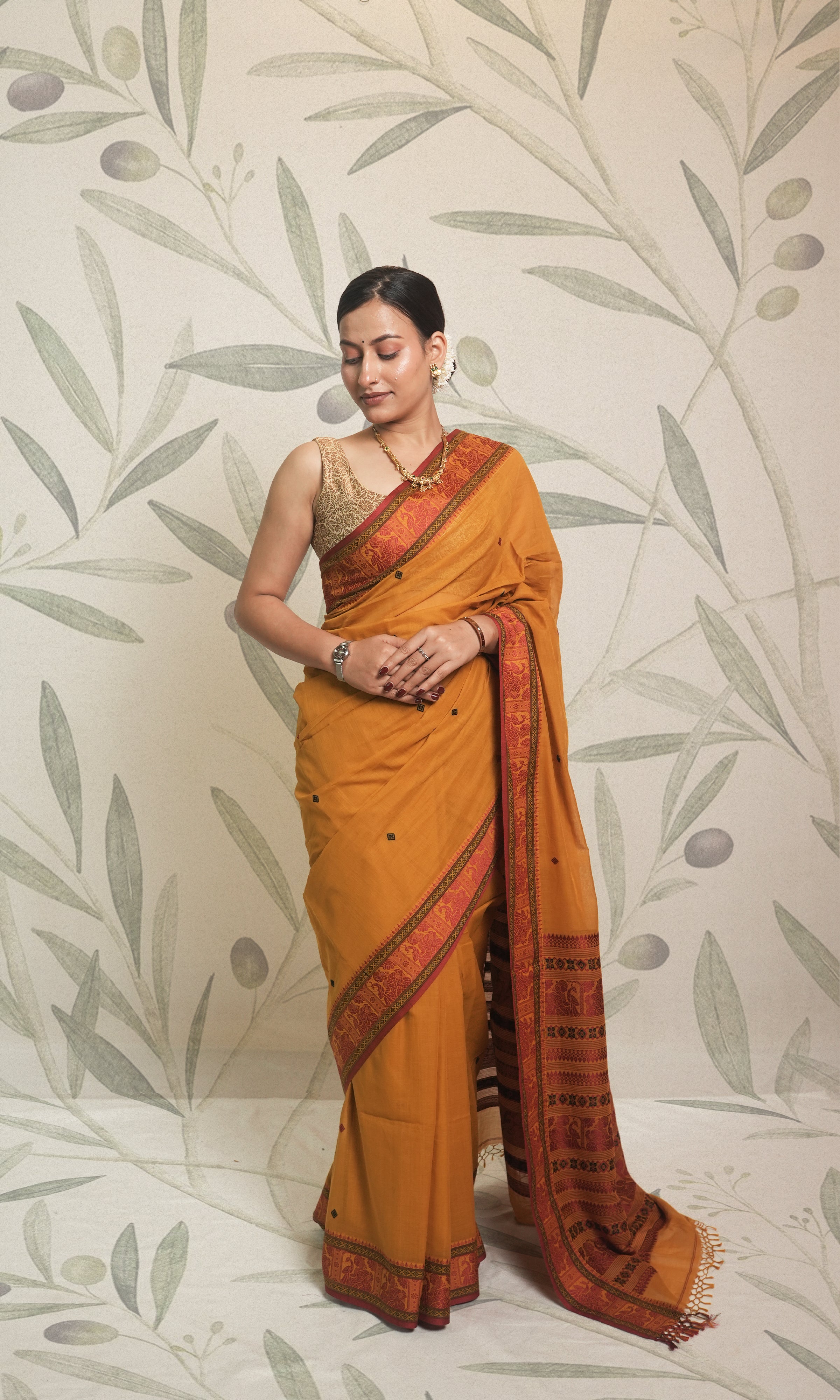 Ochre Yellow Cotton Baluchari Saree With Blouse Piece